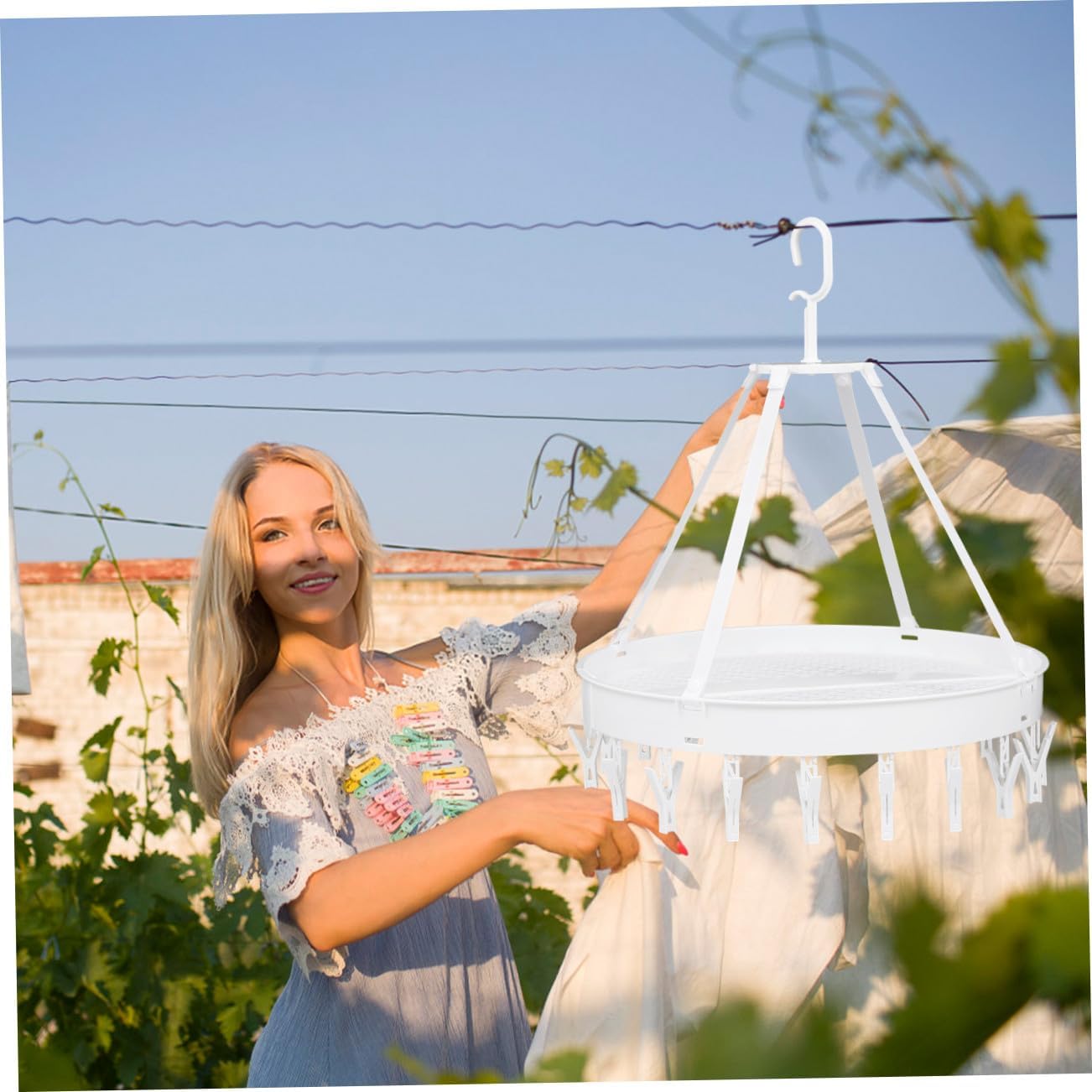 Multipurpose Foldable Clothes Drying Hanger Rack for Socks Underwear and Towels, Single-Layer White Plastic Holder for Balcony Windproof Laundry Storage