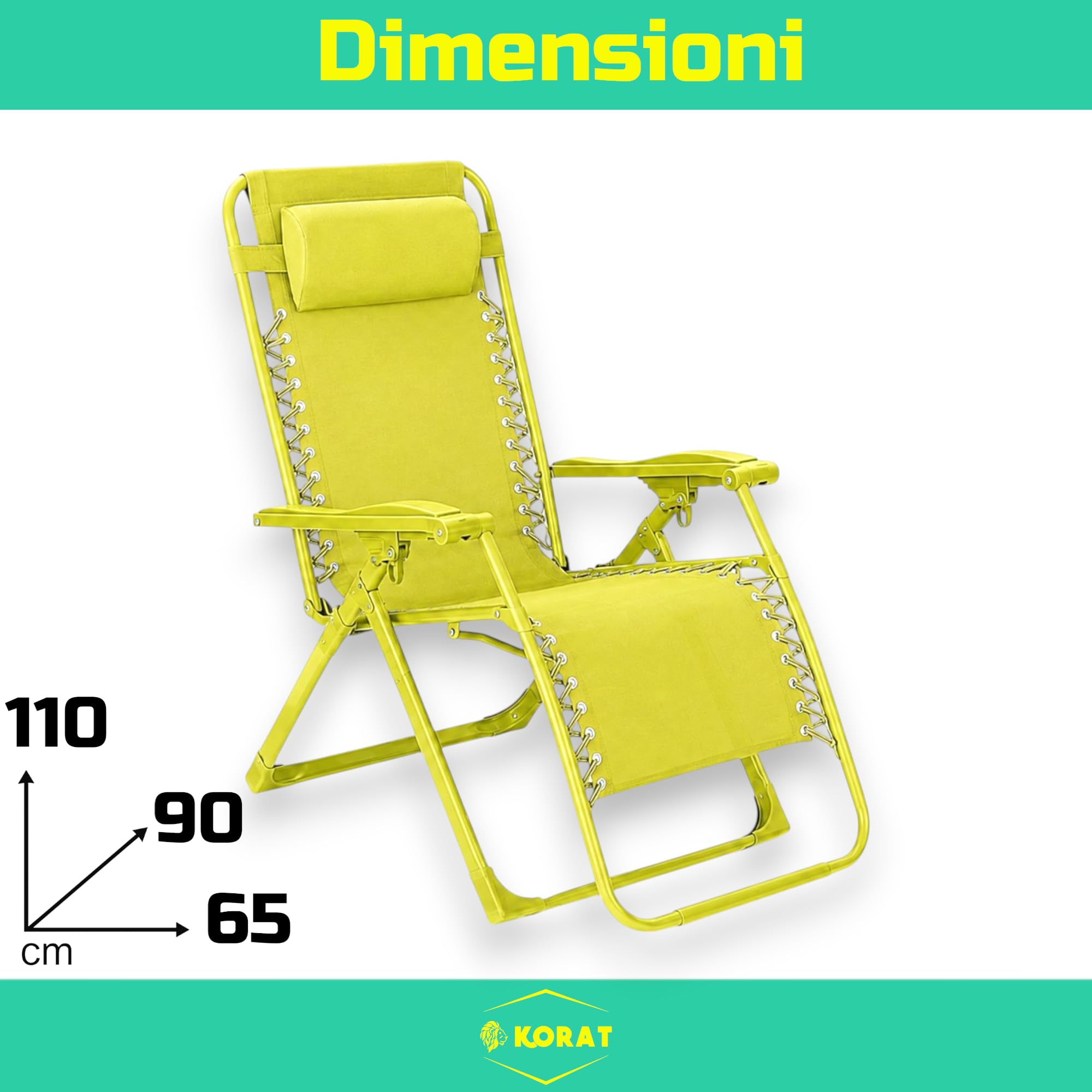 KORAT - Set 4 Sedie Sdraio Pieghevole Reclinabile Zero Gravity da Giardino e Spiaggia, con Poggiatesta e Braccioli, Struttura in Acciaio, Tessuto Oxford Impermeabile, 110x65x90 cm - Giallo Lime
