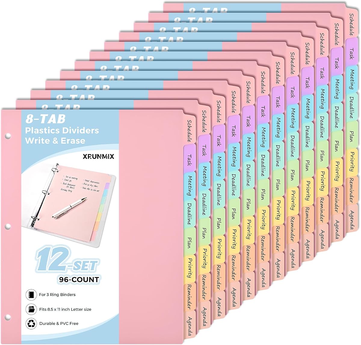 8 Tab Binder Dividers,Plastic（PVC Free Dividers for 3 Ring Binder, Write & Erase Binder Dividers with Tabs for School Office Home Supplies, Pastel Colors (12)