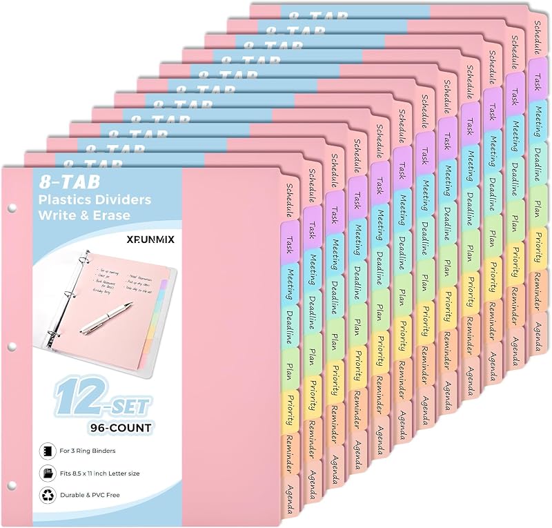 8 Tab Binder Dividers,Plastic（PVC Free Dividers for 3 Ring Binder, Write & Erase Binder Dividers with Tabs for School Office Home Supplies, Pastel Colors (12)