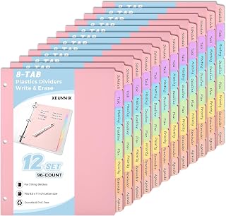 8 Tab Binder Dividers,Plastic（PVC Free Dividers for 3 Ring Binder, Write & Erase Binder Dividers with Tabs for School Office Home Supplies, Pastel Colors (12)