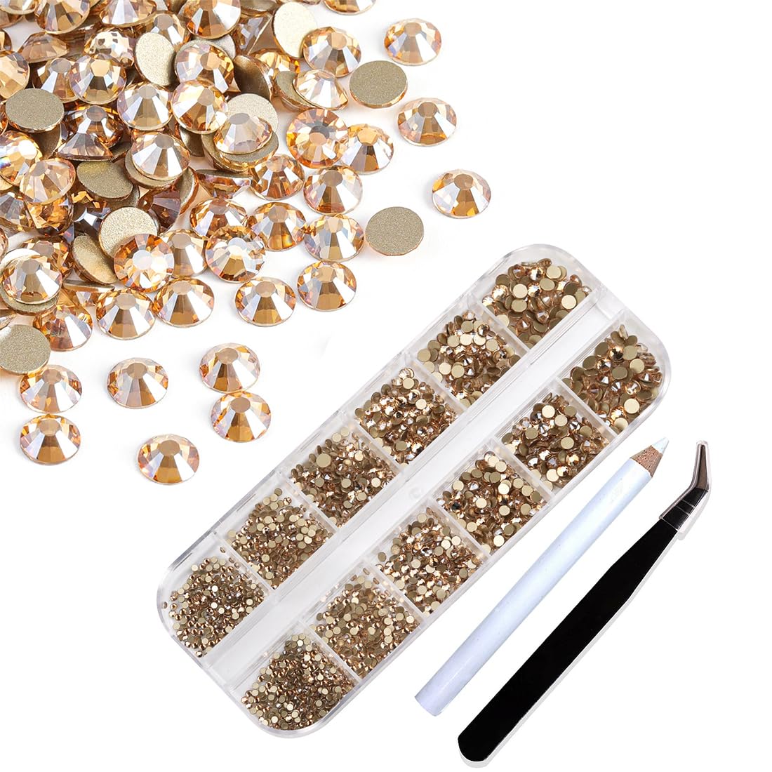 Strass Nail Art, 1440 x Gems à Dos Plat Rond Cristal Strass, 6 Tailles Strass Nail Art, avec Pincette Pick Up et Stylo Pointeur Strass pour Nail Art et la Décoration de Bijoux, Champagne doré