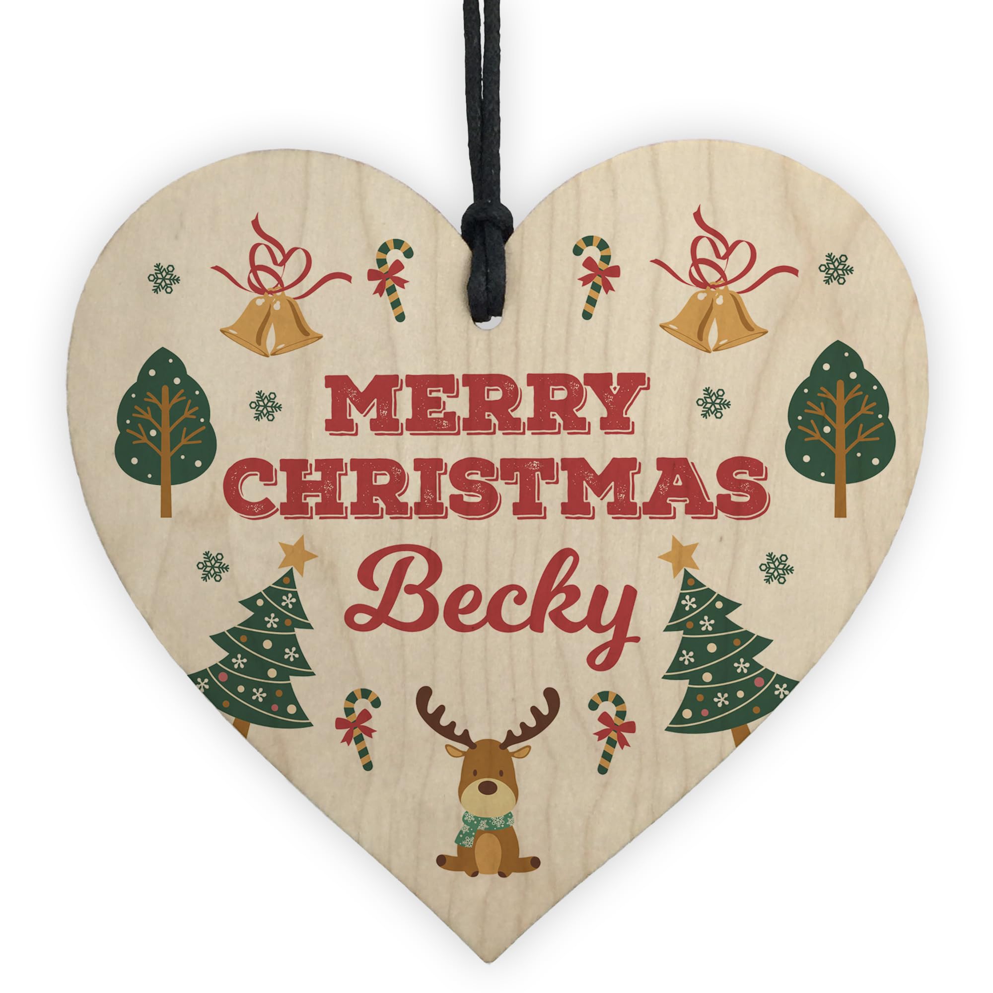 Red Ocean Merry Christmas Personalised Friends Family Colleagues Gift Wooden Heart Decoration, Secret Santa Gifts For Colleagues Friends, Personalised Gift Tag For Son Daughter Mum Dad (Design 3)