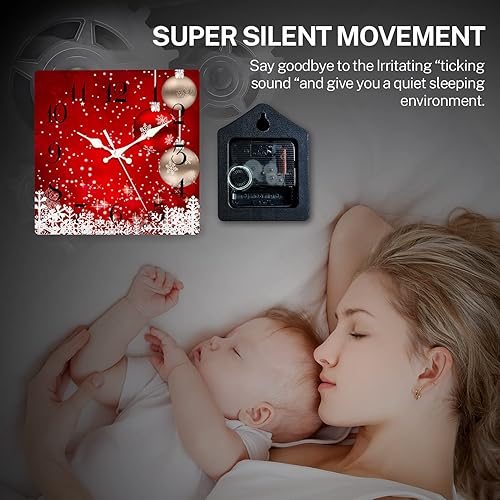 Miniatura 2 de ArtSocket Reloj de pared de Navidad, silencioso, sin tictac, bolas de Navidad, copos de nieve, rojo, Año Nuevo, cuadrado, relojes de pared
