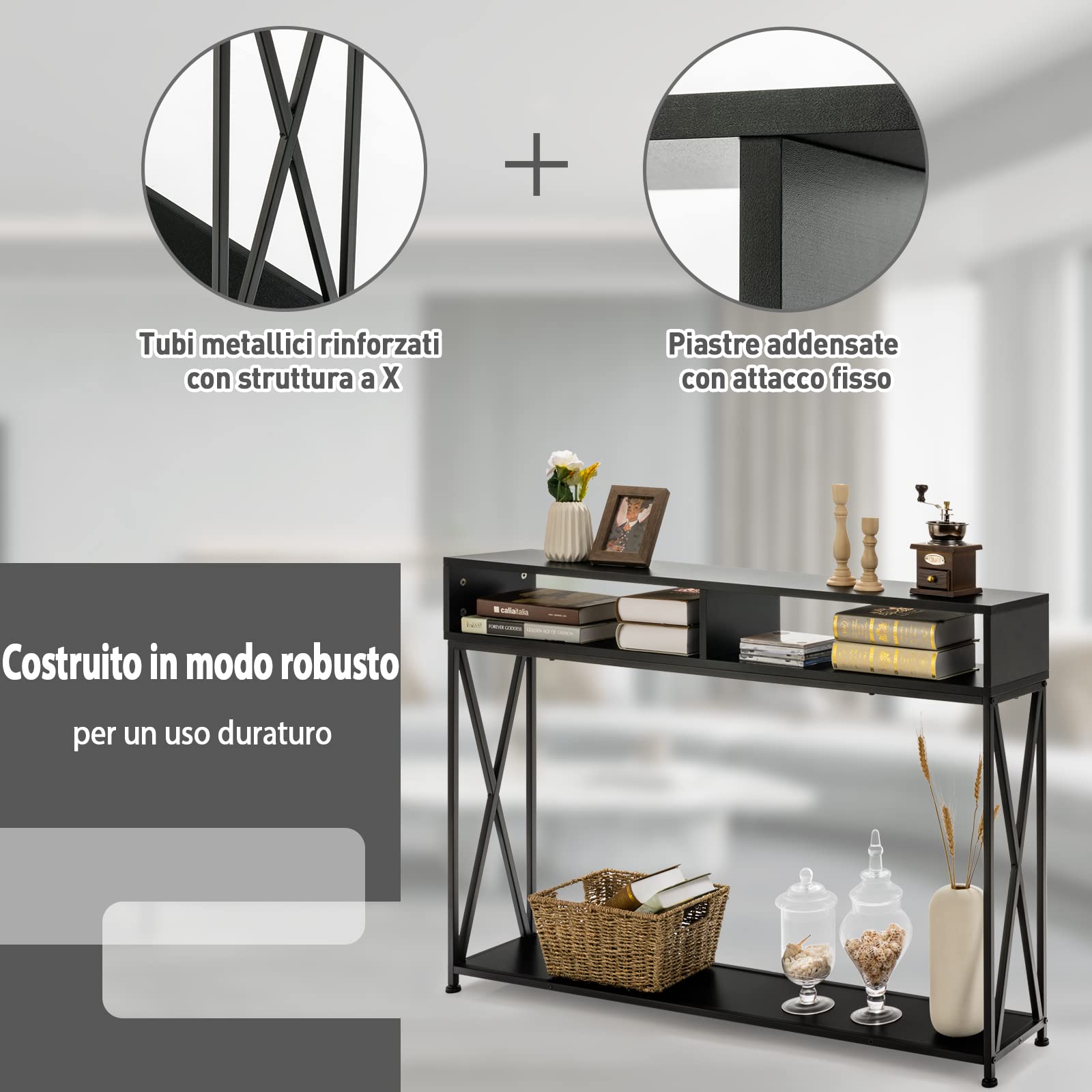 COSTWAY Consolle Ingresso a 2 Livelli, Tavolo Consolle in Legno e Metallo con Ripiani e Piedini Regolabili, Tavolo d’Ingresso Stretto Moderno per Salotto e Corridoio, 120 x 23 x 79 cm (Nero)