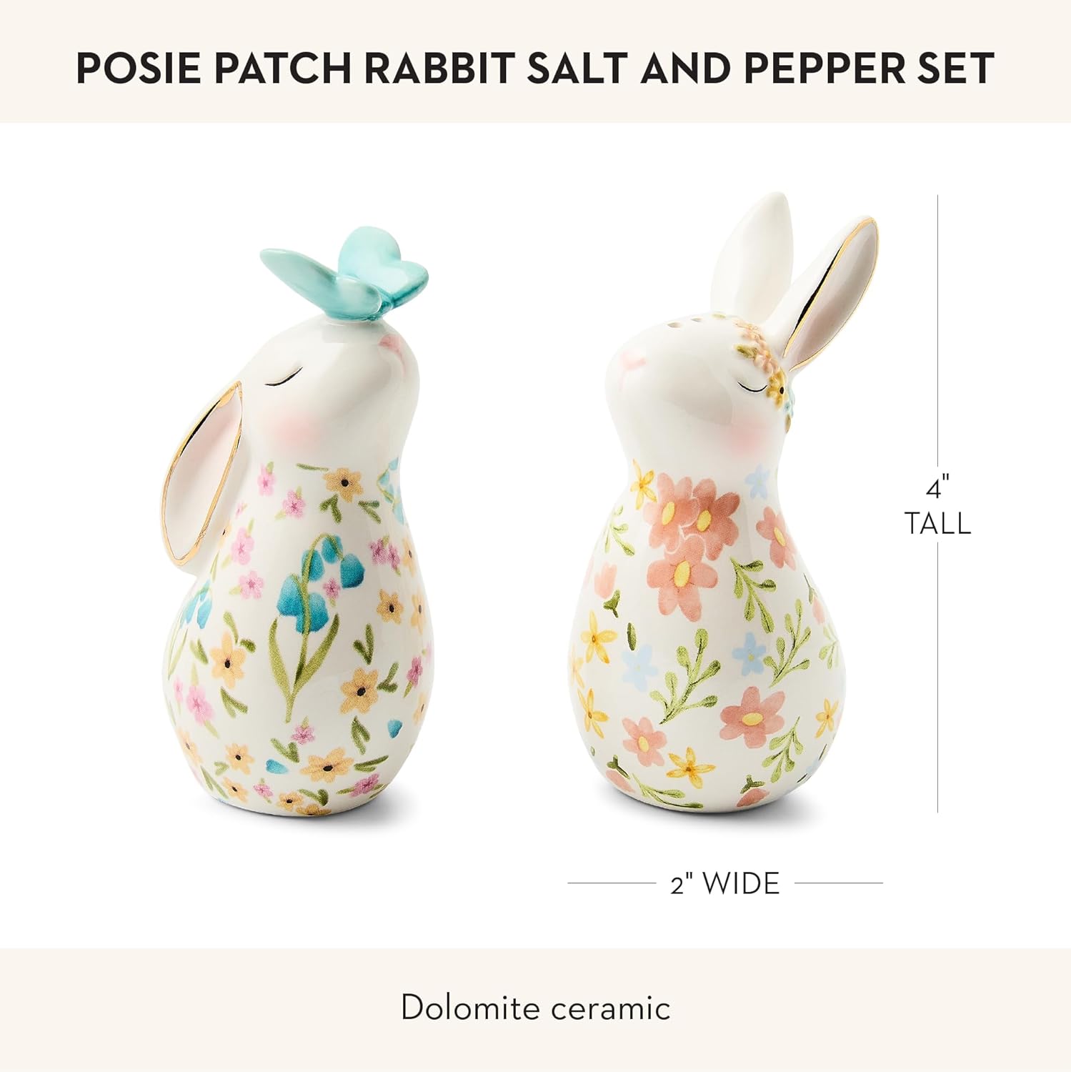MACKENZIE-CHILDS Set of 2 Ceramic Salt and Pepper Shakers, Kitchen Table Accessories, Posie Patch Rabbit