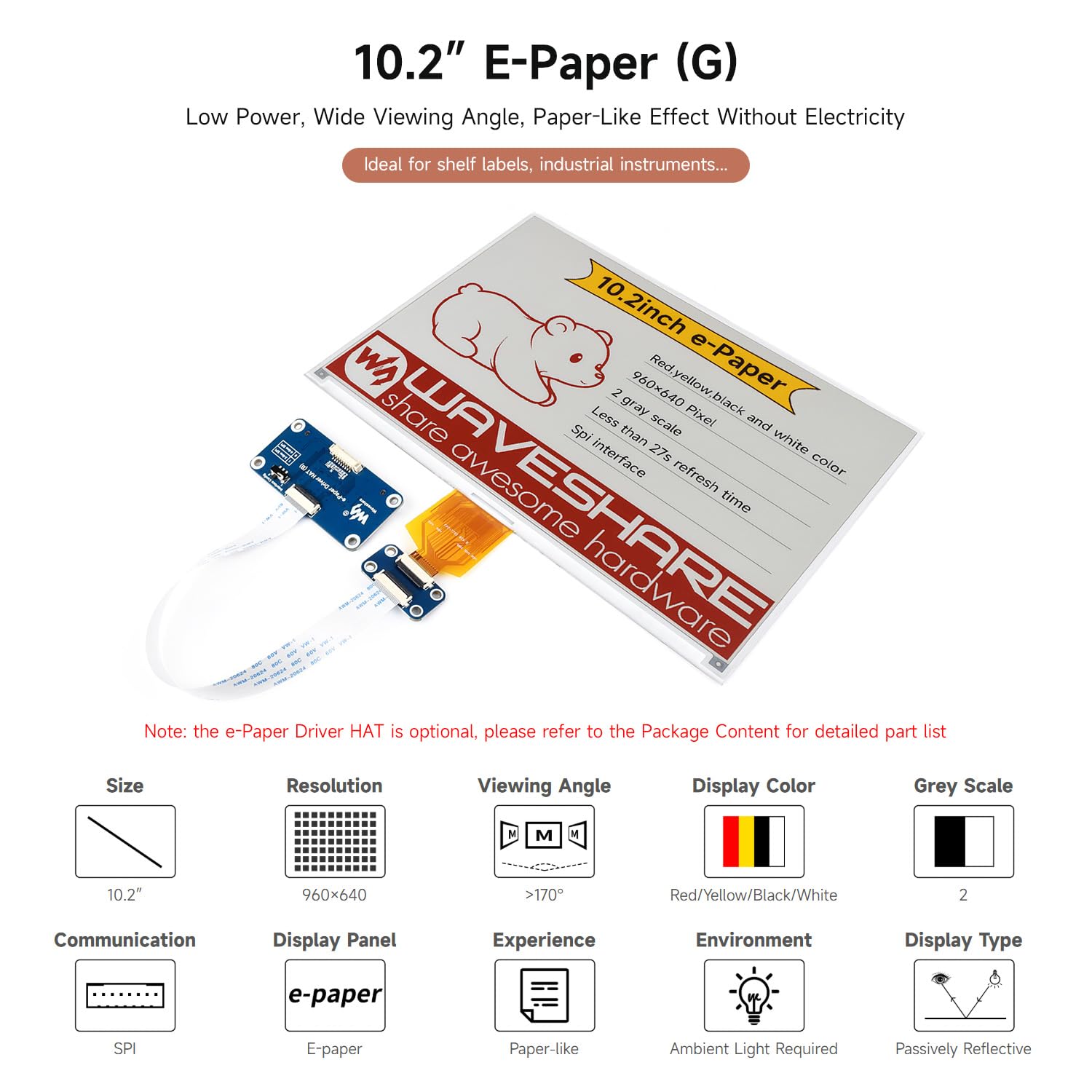 Waveshare 10.2inch e-Paper Display (G), e-Ink Display, 960x640, Red/Yellow/Black/White, SPI Interface, with e-Paper Driver HAT, Compatible with Raspberry Pi 5/4B/3B/CM3/3+/4