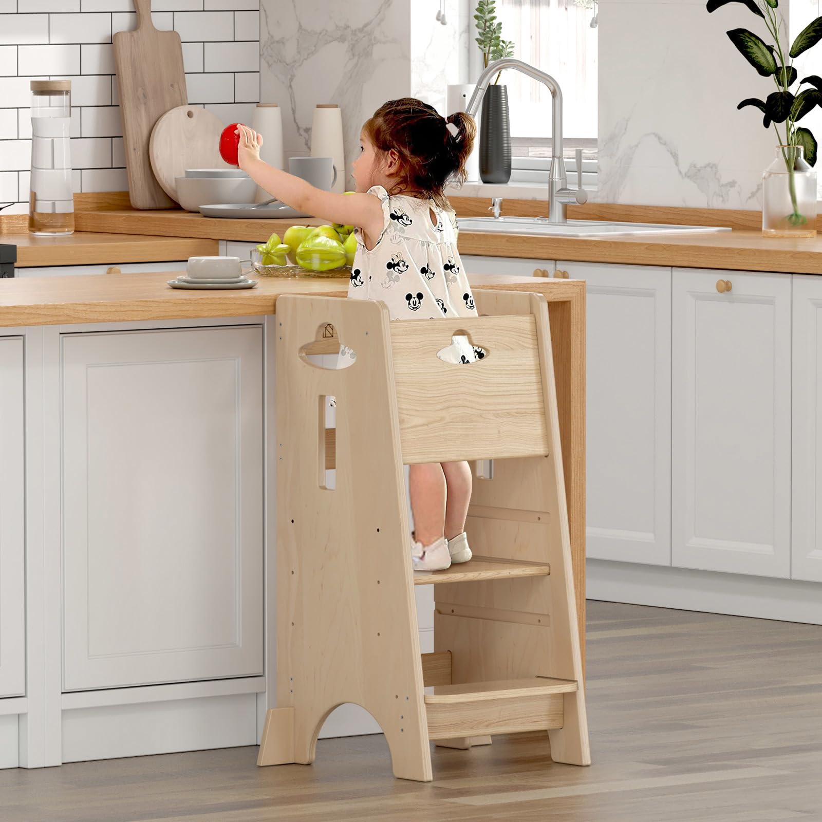 COSYLAND Toddler Standing Tower Adjustable Height - Super Stable Kids Kitchen Stool Helper with Protive Panel - 3 Levels Adjustable Wooden Toddler Kitchen Stool (All Natural)