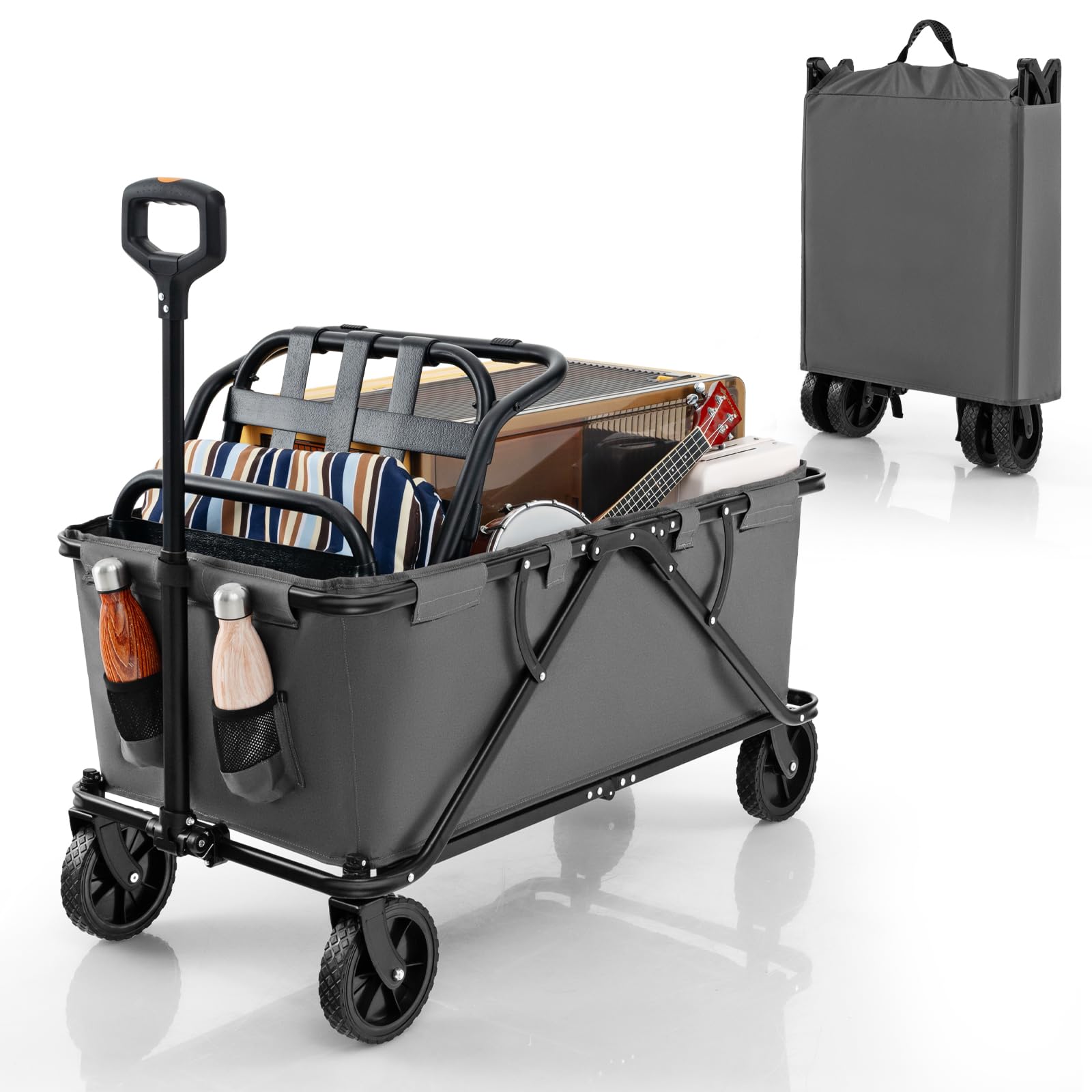 COSTWAY Carrello da Spiaggia Pieghevole 170 L, Carrello con Ruote Portatutto con Maniglia Regolabile e 360° Ruote, Portabottiglie e Tasca Portaoggetti, Carretto Giardino per Campeggio (Grigio)