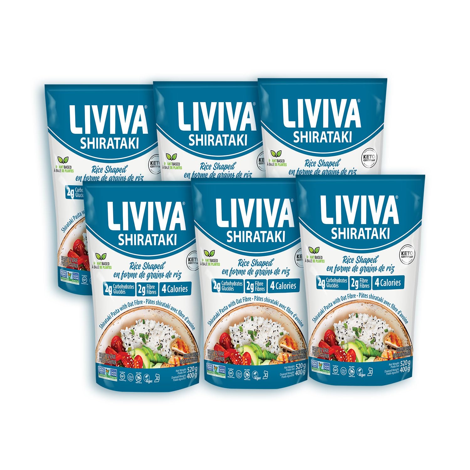LIVIVA Shirataki Konjac Rice Shaped Noodle 6 Pk (110 oz) – Diabetic-Friendly Low Carb, Low Calorie Pasta Noodles Ready to Serve – No Odor, Certified Non-GMO, Gluten Free, Vegan, Plant-Based, Keto, Kosher, Halal