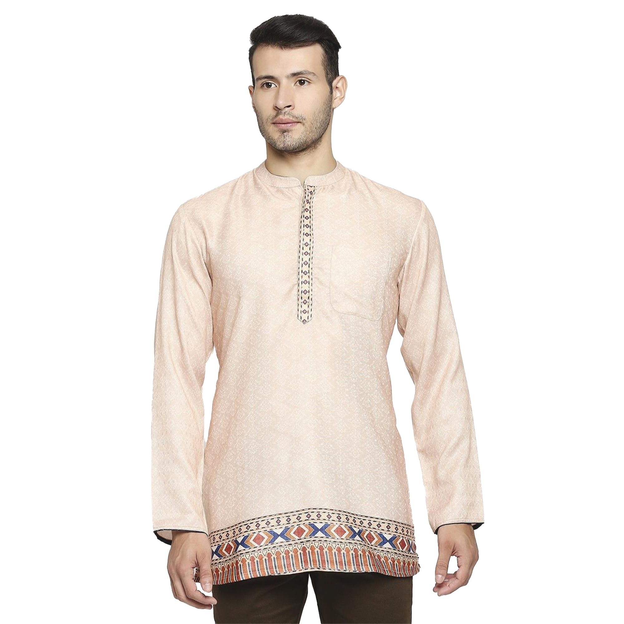 Men’s Cream Poly Cotton Full Sleeve Printed Kurta | Regular Fit with Mandarin Collar & Button Closure | Hip Length-image-39