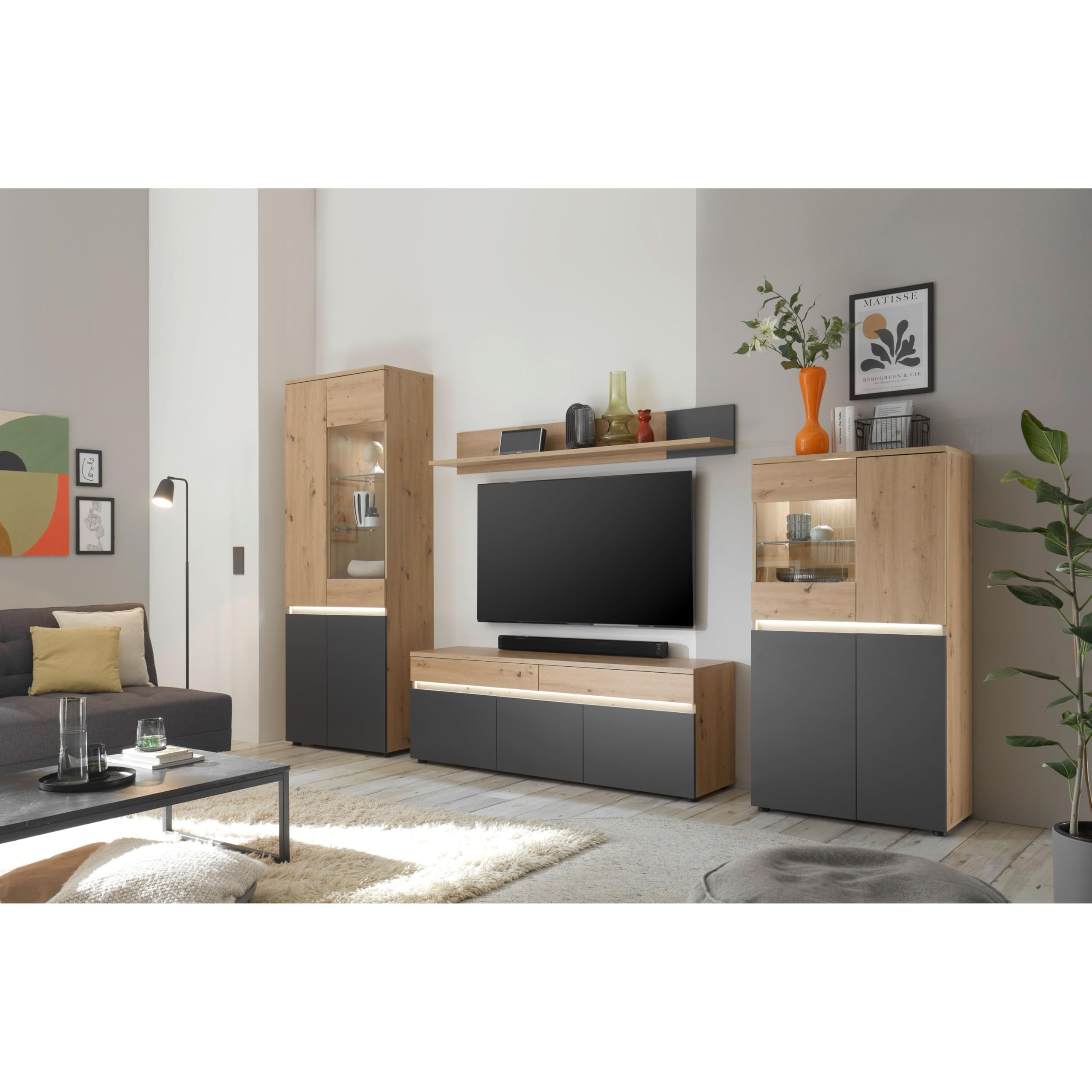 DEINE TANTE EMMA 45-841-U2 Lille Highboard - Cómoda con iluminación (Roble Artificial, 75 x 140 x 38 cm)