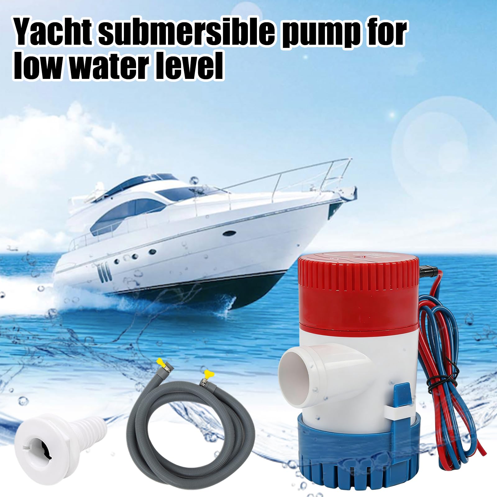 Pompa di sentina, 12 V, 1100 GPH, pompa sommersa non automatica, con tubo φ29 mm, tubo grigio da 2 m, 2 fascette stringitubo per yacht, barche marine, roulotte, giardino all'aperto