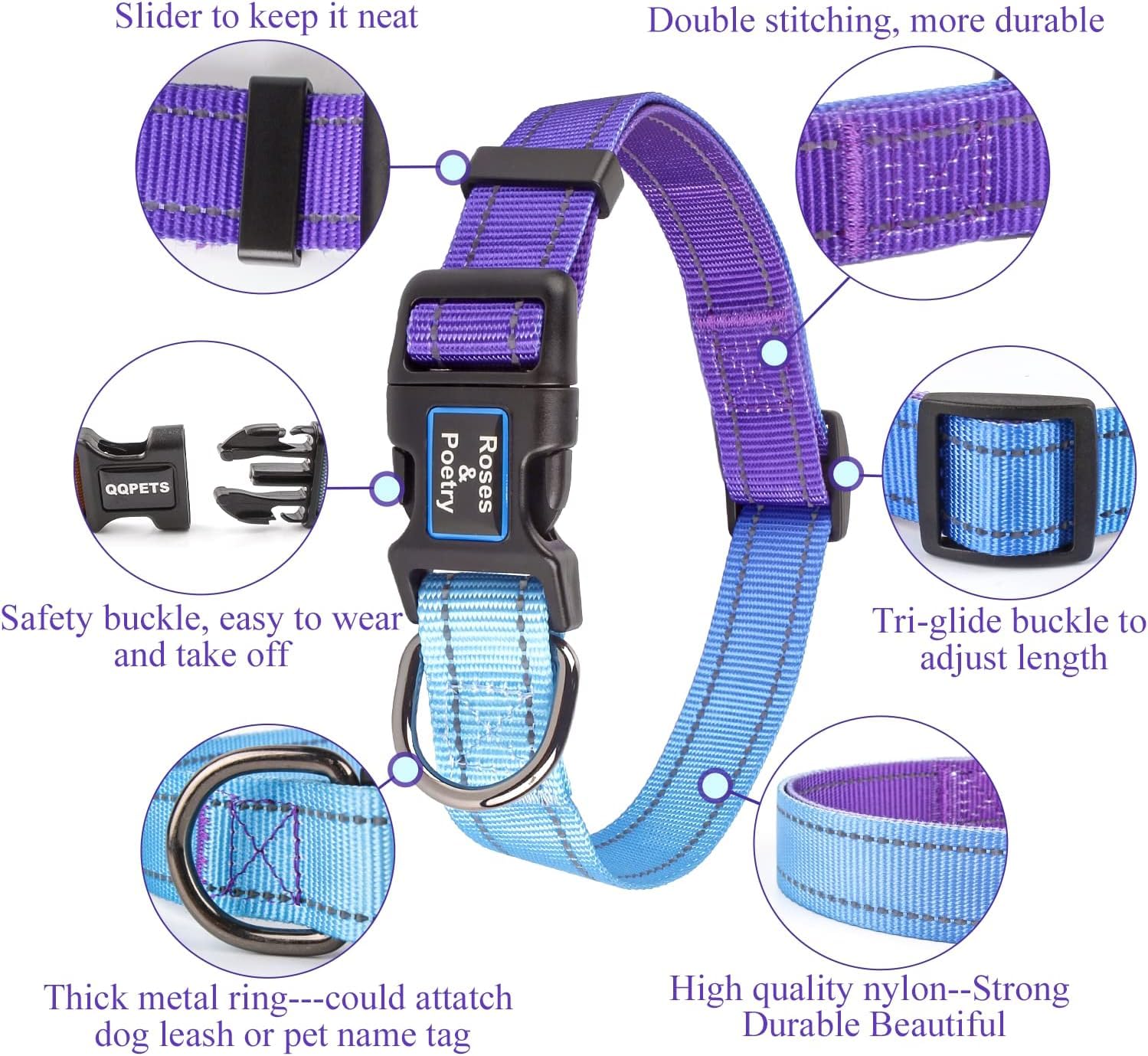 Roses&Poetry Dog Collars for XS Small Dogs Adjustable Durable Pet Collars Reflective for Small Medium Large Dogs (Violet-XS) - Image 3