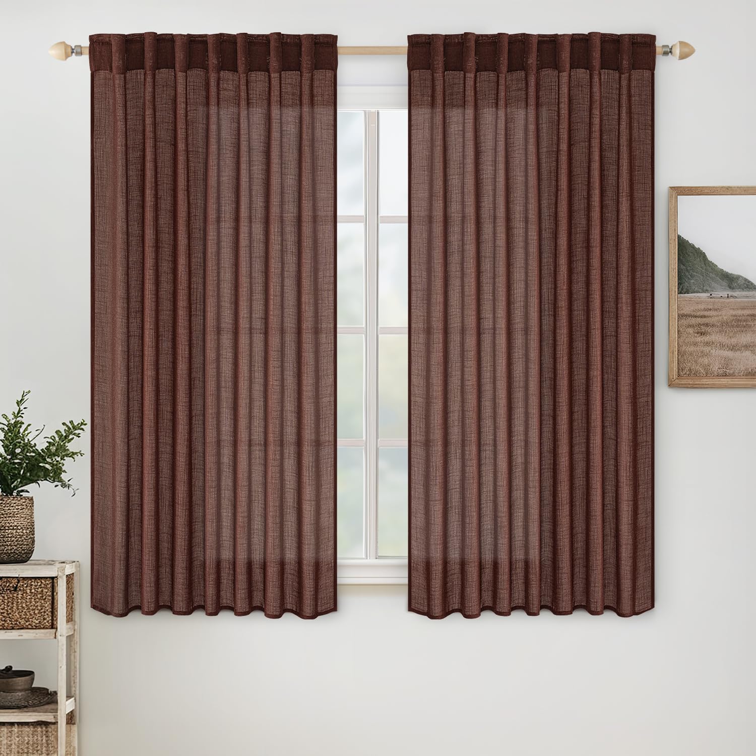MIULEE Chocolate Brown Linen Curtains 45 Inch Length 2 Panels for Kitchen Bedroom Living Room, Soft Thick Linen Textured Short Basement Window Drapes Semi Sheer Light Filtering Back Tab Burlap Decor