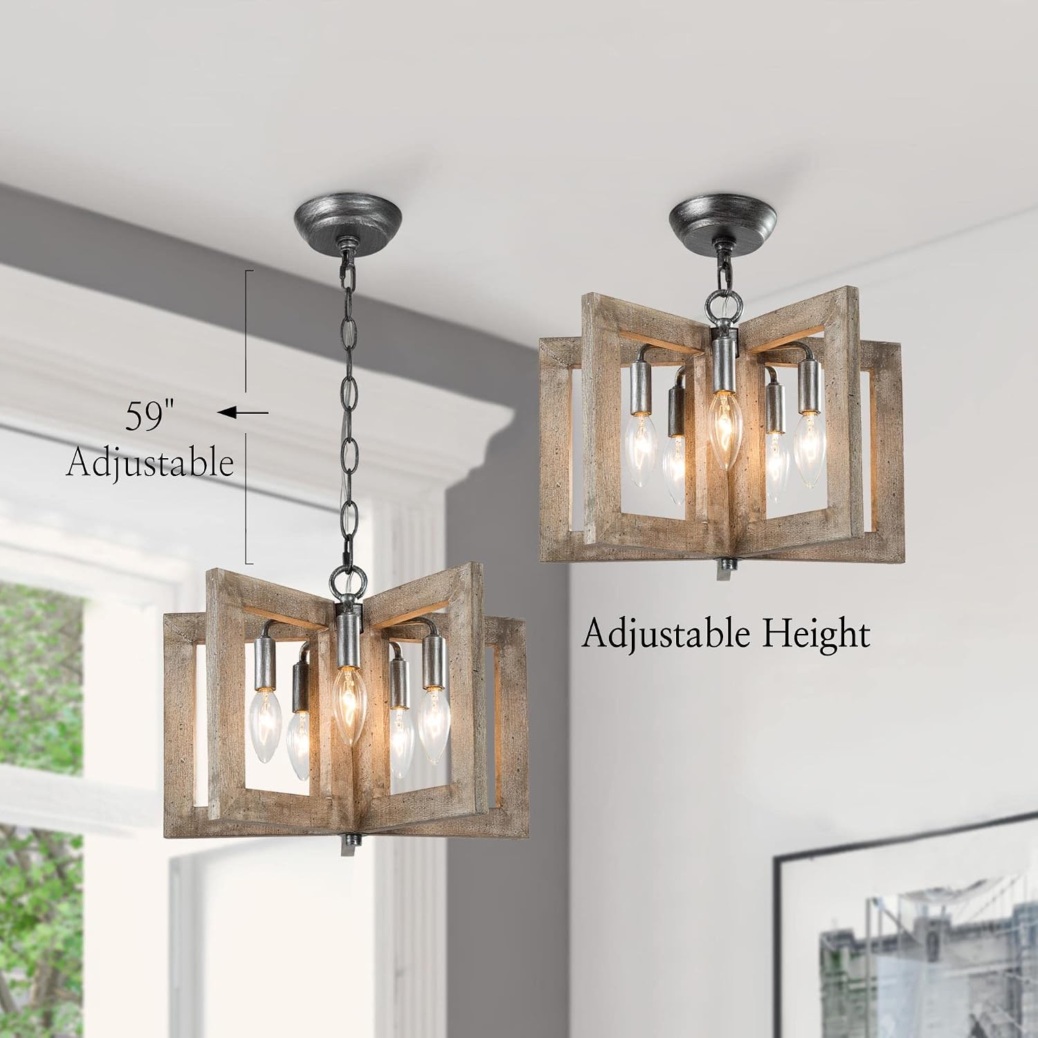KSANA Farmhouse Wood Chandeliers, 5 Light Distressed Weathered Wood Chandelier Rustic Chandelier Hanging Light Fixtures for Dining Room Kitchen Island Hallway Entryway
