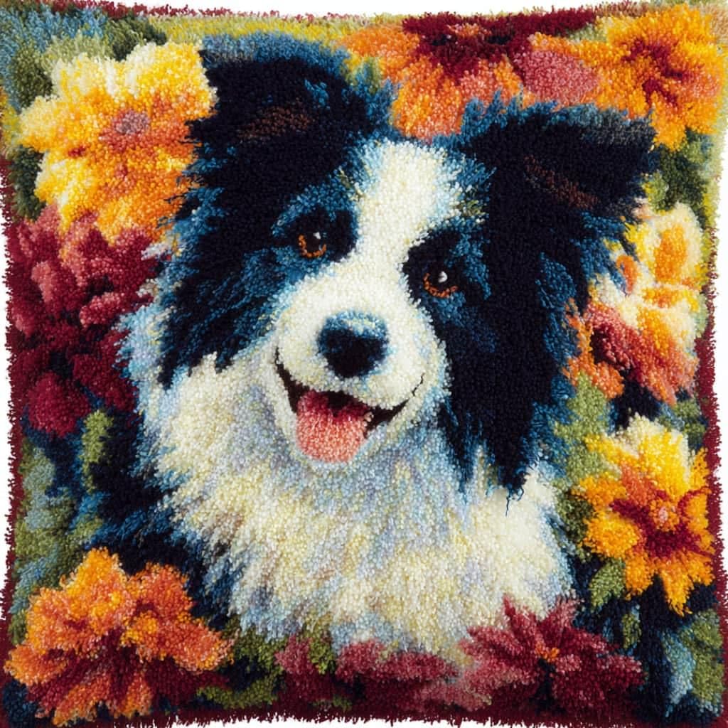 Taxpy DIY Latch Hook Pillow Kit Pre-Printed Hook and Latch Rug Kits Border Collie 17X17 Inch.Cross-Stitch Embroidery Cushion Cover for Home Sofa Decoration