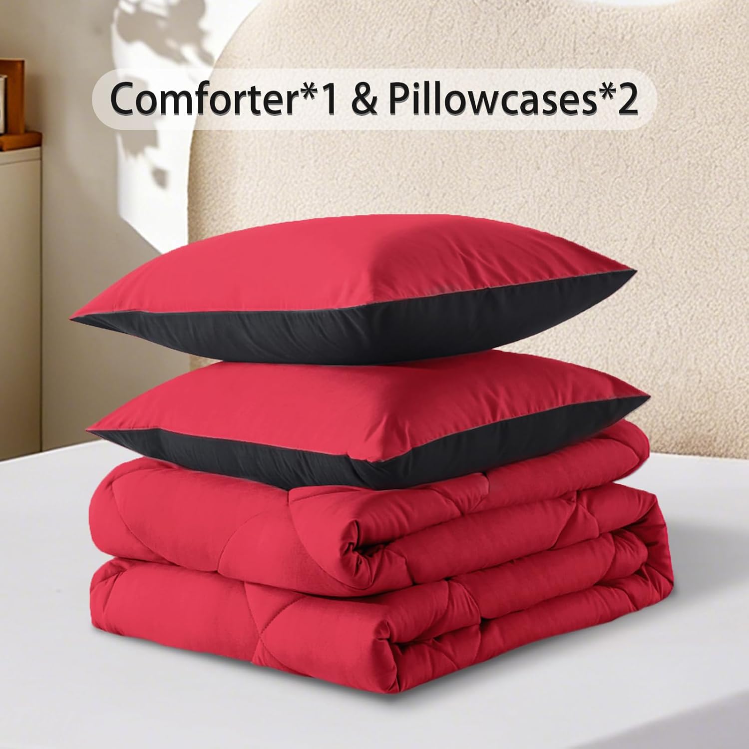 3-Piece Queen Comforter Set,All-Season,Soft & Hypoallergenic &Breathable Bedding,Polyester Quilted,Down Alternative(Comforter*1 & Pillowcases*2),Black/Bright Red - Image 8