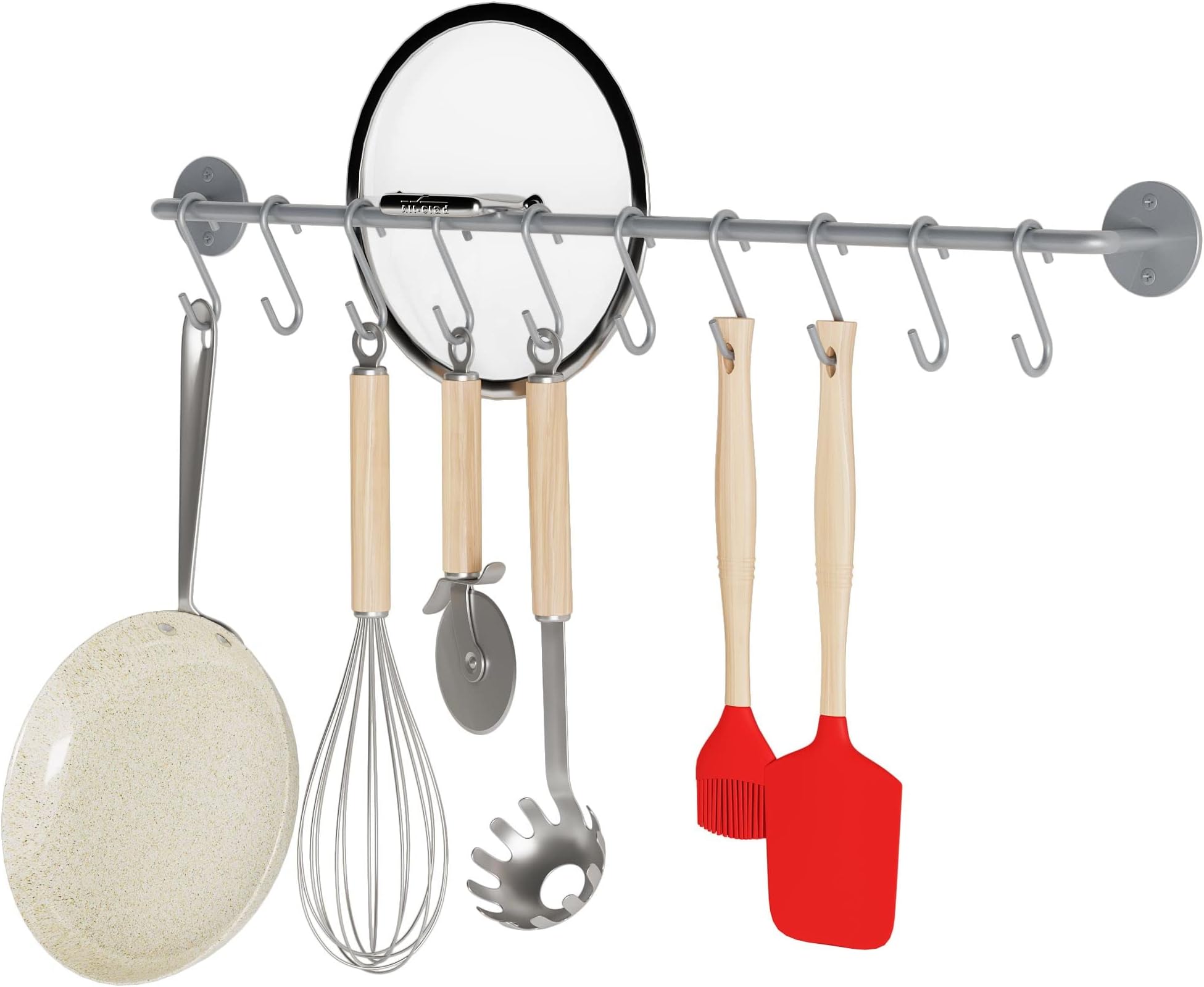 Wallniture Cucina 24" Wall Mount Kitchen Utensil Holder with 10 S Hooks for Hanging Pots and Pans Set and Lid Organizer, Silver