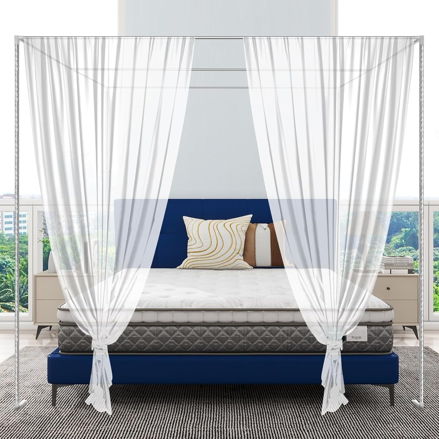 Modern Stainless Steel Canopy Bed Frame - 6.56x6.56ft, Silver, Sturdy & Easy Assembly, Fits Mosquito Net (Not Included)