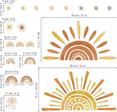 Miniatura 4 de wondever Calcomanías de pared boho con diseño de sol, arcoíris grande y nubes, calcomanías de arte de pared para guardería, habitación de niños,