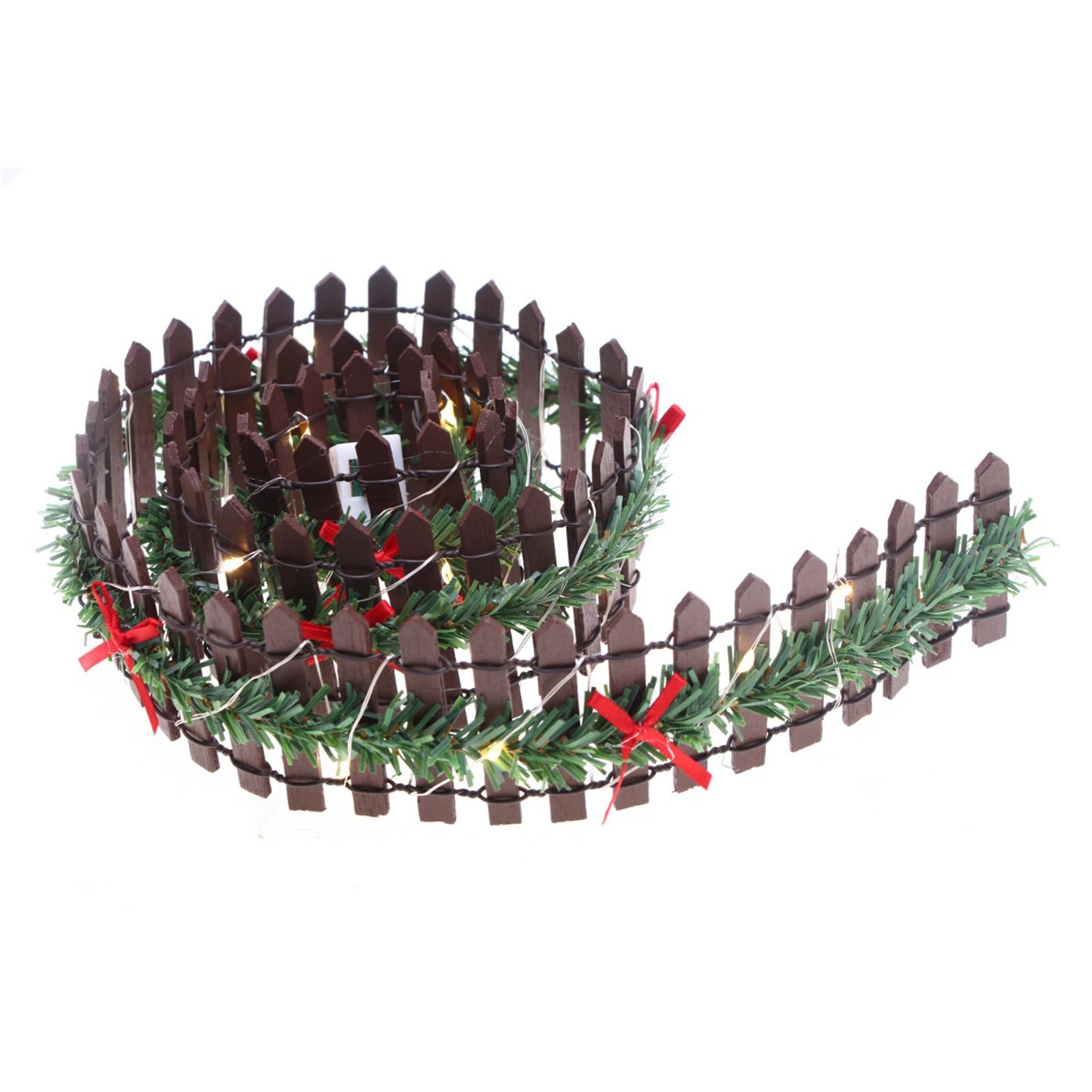 ALCXAZS Handmade LED Light Miniature Wooden Picket Fence Christmas Elf Fairy Garden Holiday Village Prop Christmas Tree Fence, coffee