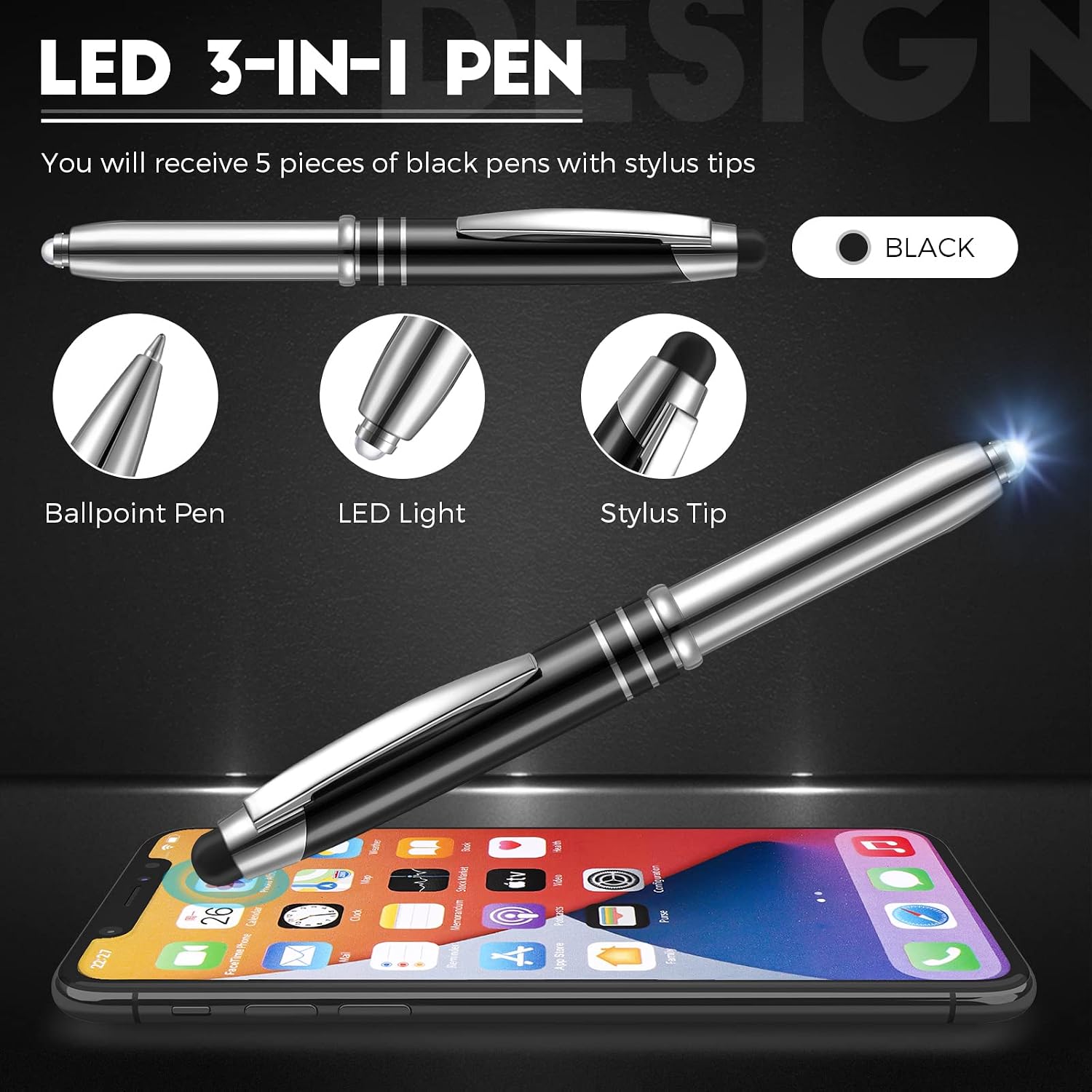 5 Pieces Stylus Pen for Touchscreen Devices Multi-Function Capacitive Pen with LED Flashlight Writing Pens with Ballpoint 3 in 1 Metallic Pens Invisible Ink Pen with Light (Black)