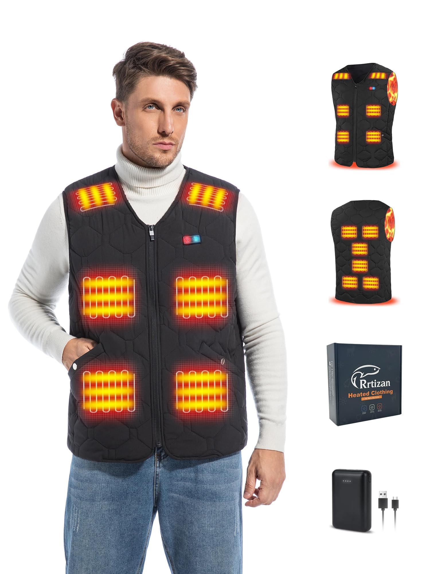 Rrtizan 2025 Heated Vest for Mens with Power Bank, Heated Gilet with 3 Temperature Levels and 15 Heat Sheets, Sleeveless Electric Heated Jacket, Washable Heated Body Warmer for Outdoor