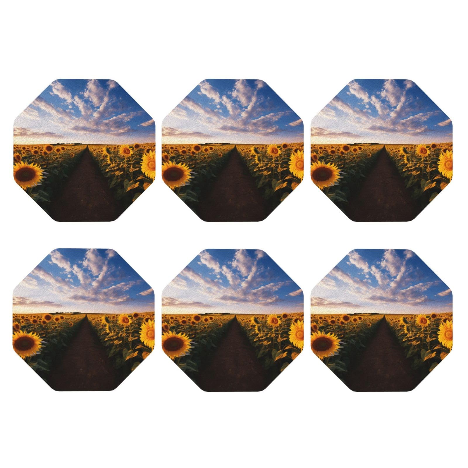 6pcs Leather Coasters for Drinks, Field of Blooming Sunflowers Drink Coasters for Tabletop Protection, 4" Cup Coasters for Coffee Table Decor, Non-Slip Drinking Cup Mat for Hot Or Cold Drink