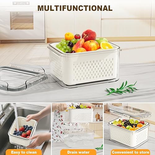 Miniatura 5 de 4 recipientes de almacenamiento de frutas para refrigerador (con cesta de drenaje), recipientes de alimentos a prueba de fugas, sin BPA, mantienen