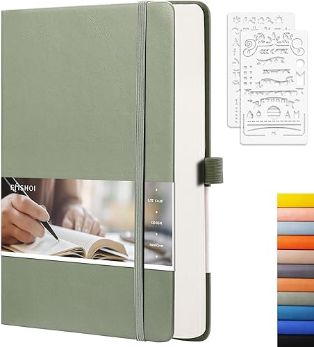 EMSHOI - Cuaderno de puntos 256 páginas A5 cuadrícula de puntos papel grueso de 354ozy 16 páginas perforadas piel sintética suave bolsillo interior