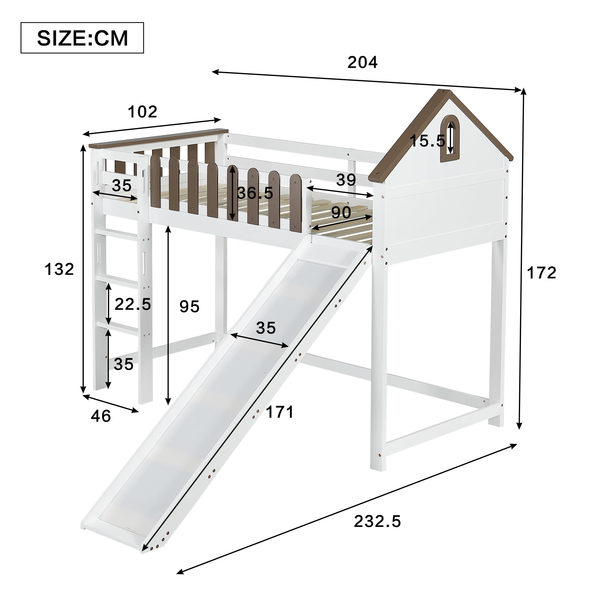 Hochbett Kinder 90x200 cm Hausbett mit Dreistufiger Gerader Leiter und Kinderrutsche, Hausförmiges Bett mit Dach und Fenster, Gitterschutz und Lattenrost, Kiefer+MDF, Weiß+Walnuss