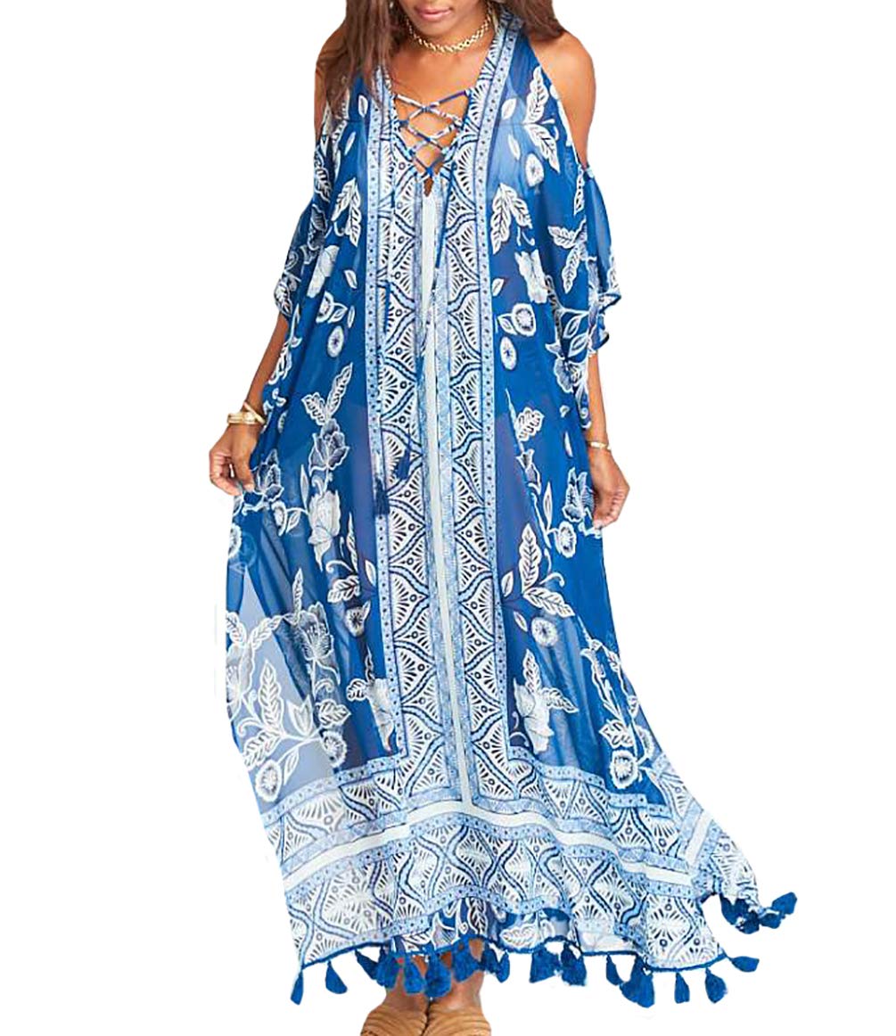 Bestyou Women's Print Turkish Kaftans Chiffon Caftan Loungewear Beachwear Bikini Swimsuit Cover Up Dress (Blue D)