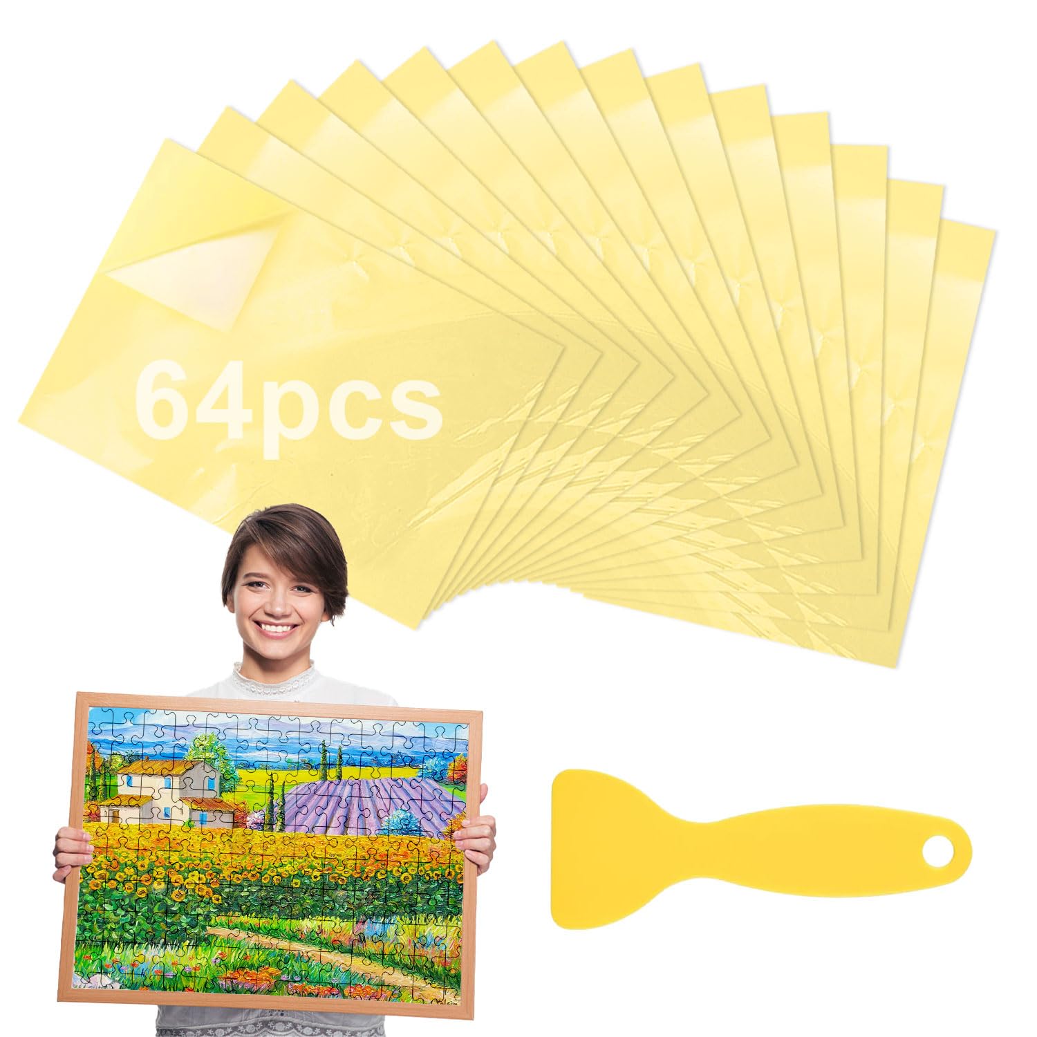 64 Hojas Pegamento para Puzzle Cola para Puzzle Papel Adhesivo Doble Cara Lámina Autoadhesiva Rompecabezas Apto para 8×1000 Piezas de Puzzles Fotos y Postales(25 × 18 cm)
