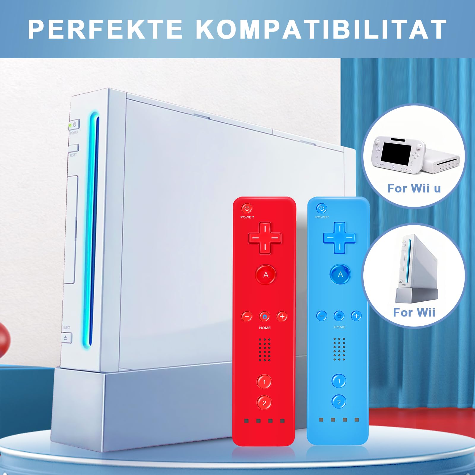 LeonDesigns Wii Remote Controller und Nunchuck Controller für Wii U, inkl. Silikonhülle und Handschlaufe (rot+blau)