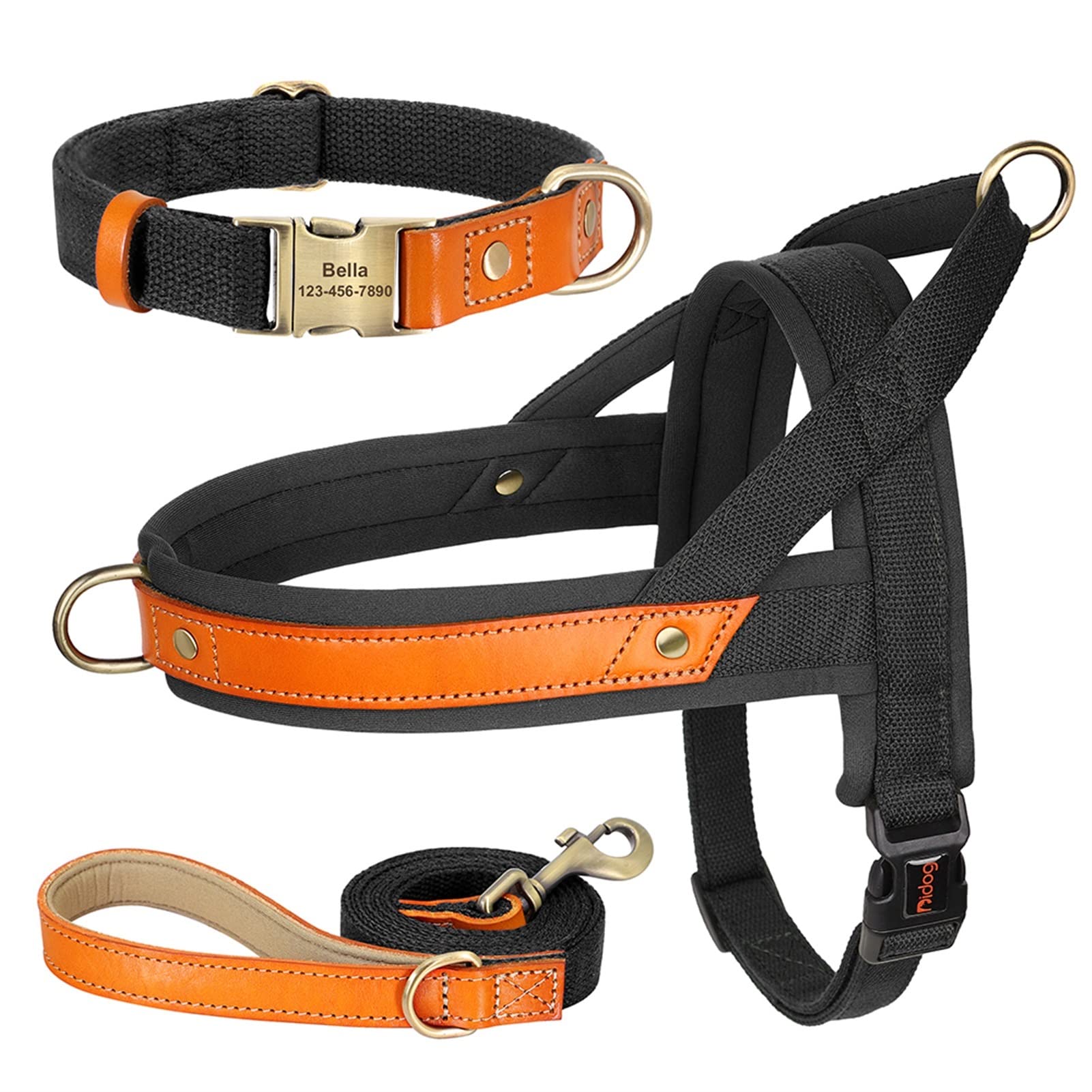 REYNEM Nylon Dog Collar Harness Leash Set No Pull Leather Puppy Dog Harness Pet Vest Strap For Small Medium Large Dogs French Bulldog (Color : Black 3 Set, Size : L)
