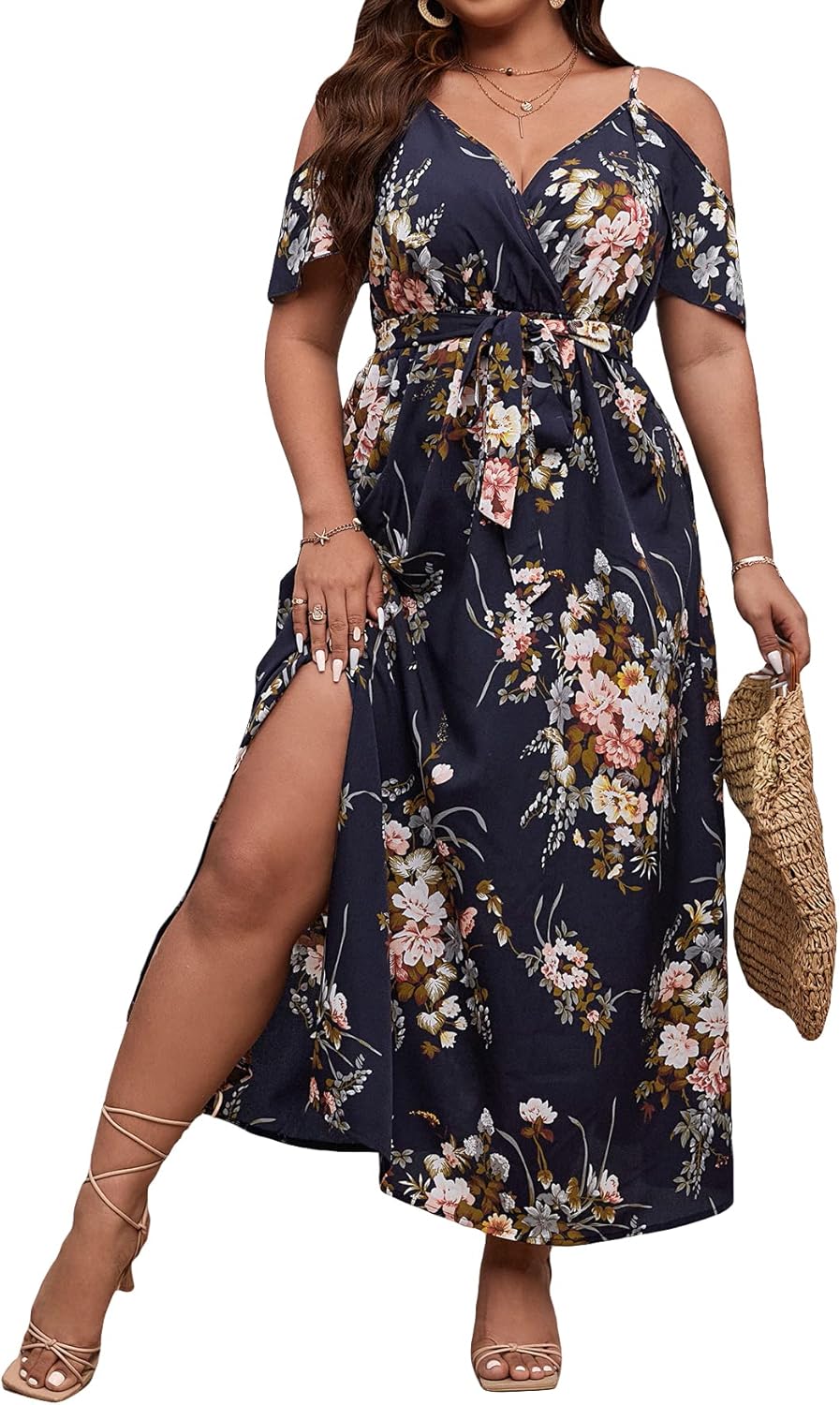 Floerns Women’s Plus Size Cold Shoulder Short Sleeve Split Thigh Long Dress