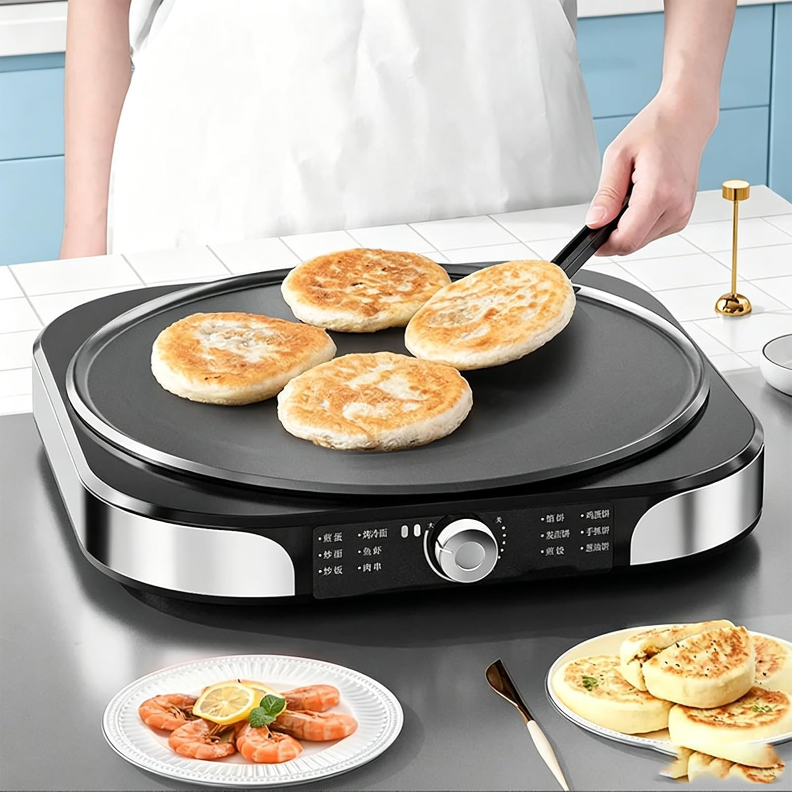 2200w, Crepiera Elettrica, Piastra Antiaderente Da 40 Cm, Controllo Illimitato Della Temperatura, Per Crêpes, Omelette E Pancake. Include Utensili Per Crêperie.