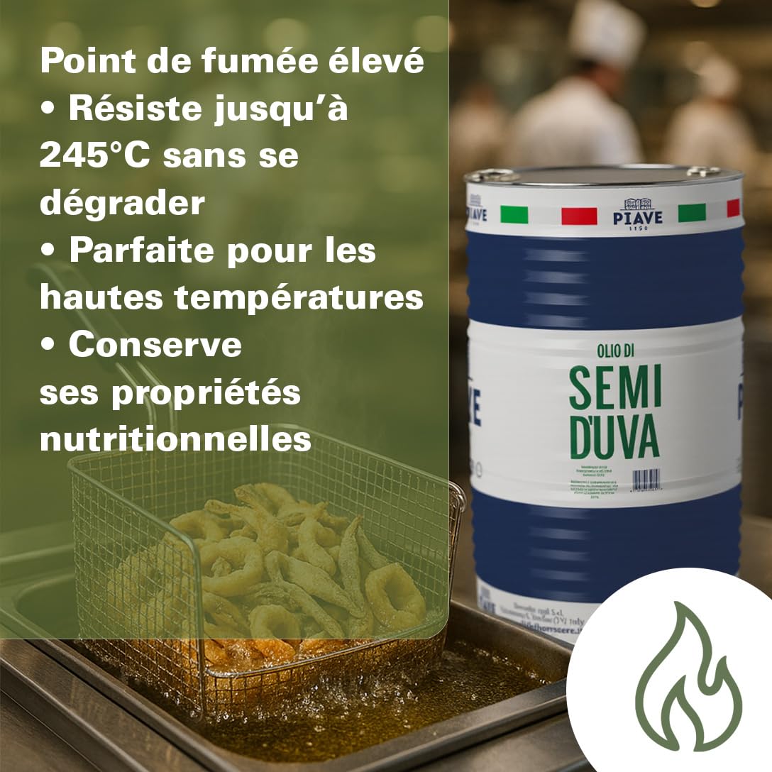 PIAVE 1938 – Huile de Pépins de Raisin 25L – Pressée à Froid – Point de Fumée Élevé 245°C – Riche en Oméga 6 & Vitamine E – Huile Végétale Professionnelle pour Friture, Cuisson & Pâtisserie