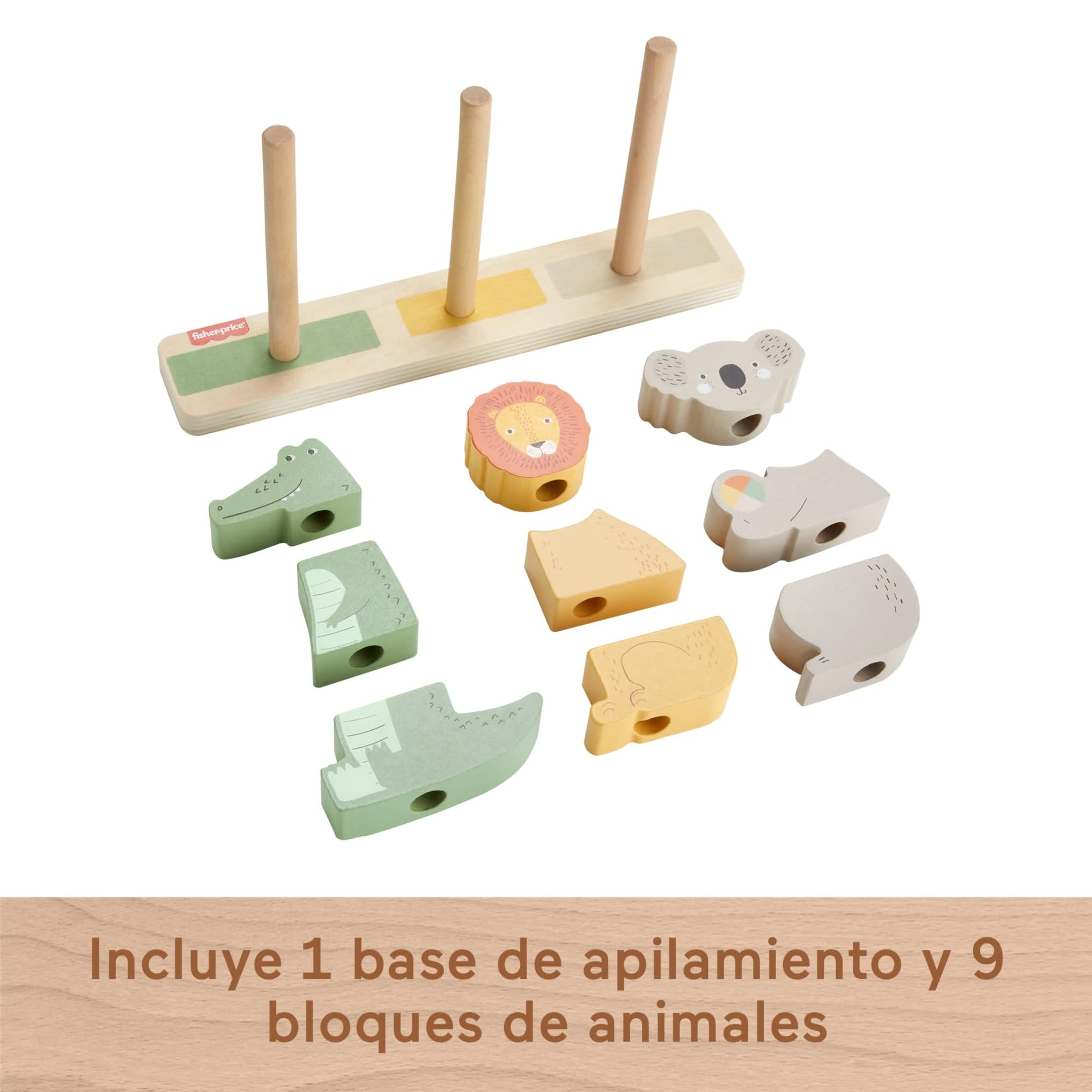 Fisher-Price Bloques apilables con forma de animales (koala, león y cocodrilo), 10 piezas fabricadas con material certificado FSC, juego inspirado en Montessori, para bebés +12 meses (HXV04) — view 5