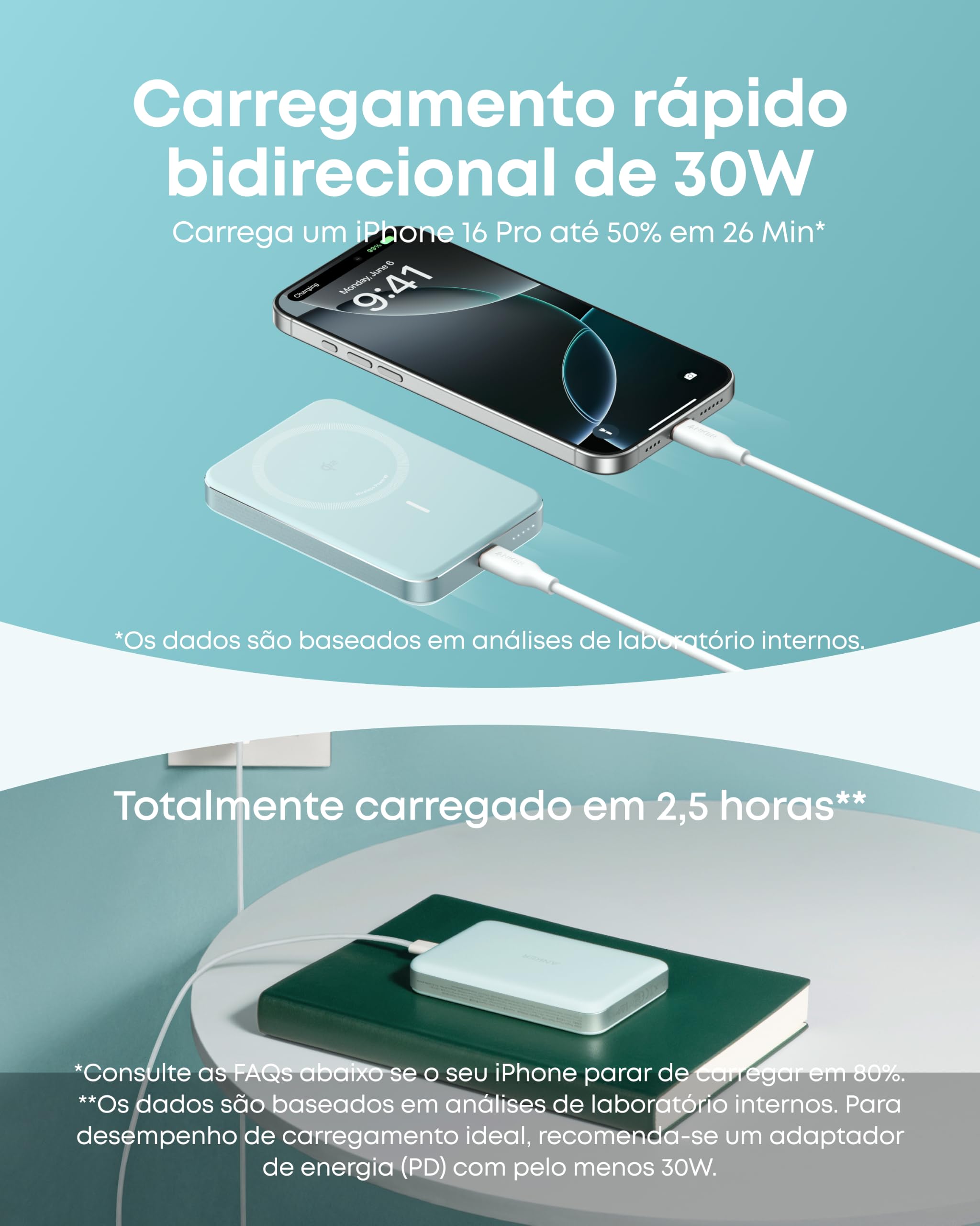 Anker MagGo Power Bank,Carregador Portátil Ultra Fino por Indução