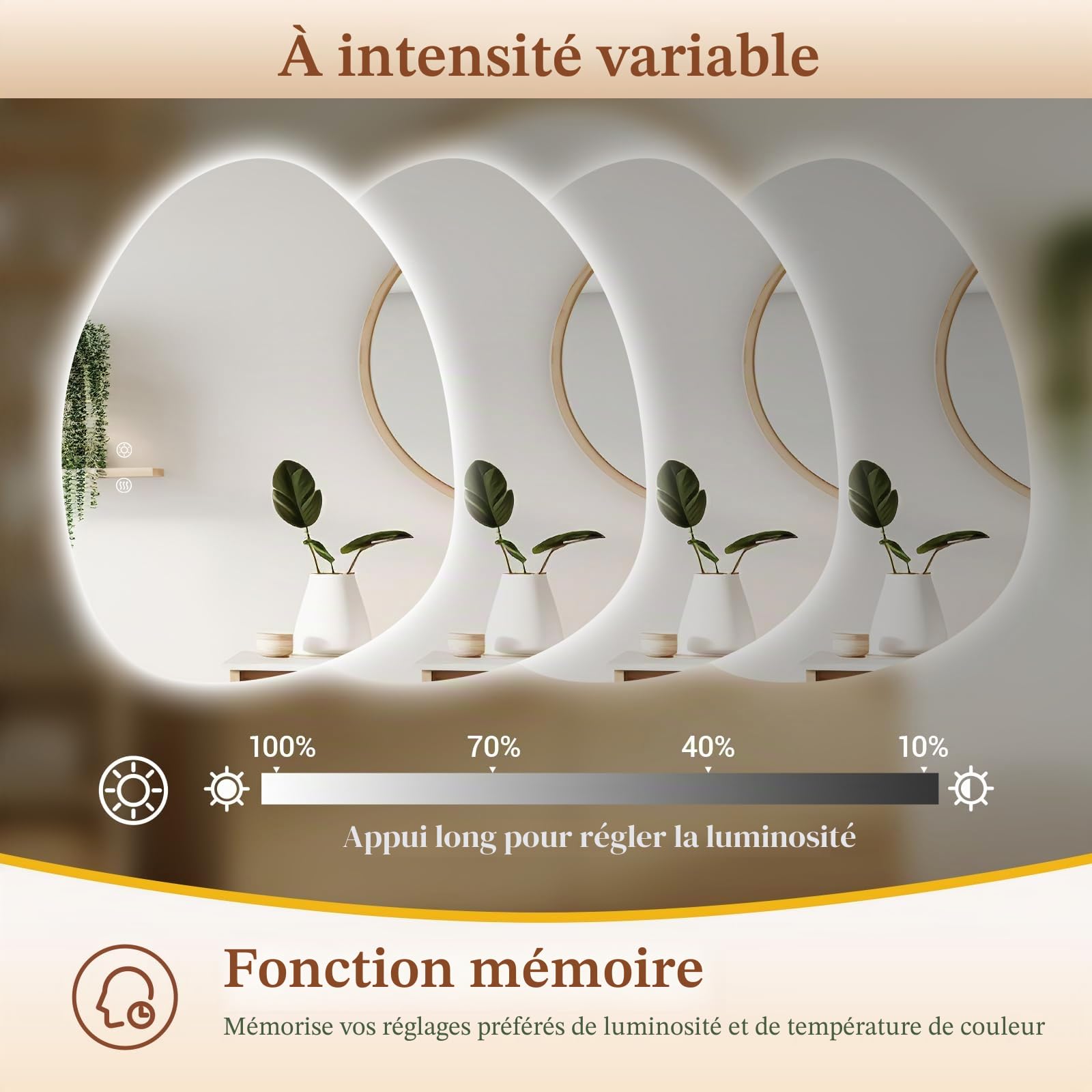 Clevich Miroir de Salle de Bain avec éclairage asymétrique 80 x 60 cm, Miroir LED avec 3 Couleurs de lumière à intensité Variable, Verre trempé, Interrupteur Tactile, Fonction mémoire, Anti-buée