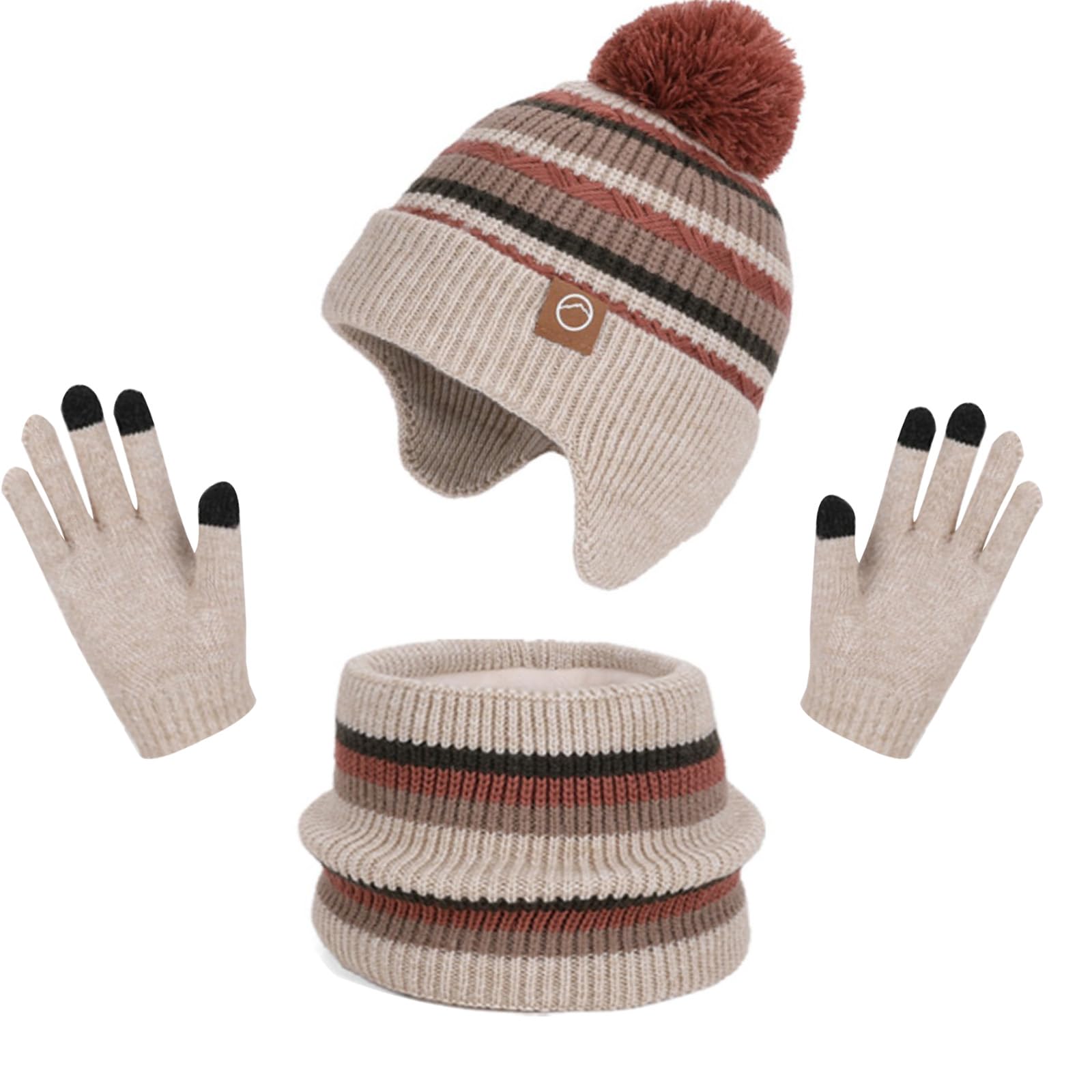 Ensemble Bonnet Écharpe Gants Hiver 3 en 1 Enfant, avec Cache-Oreilles & Doublure Polaire, Gants Tactiles - Lot Chaud Fille Garçon 4-10 Ans pour Ski et Froid