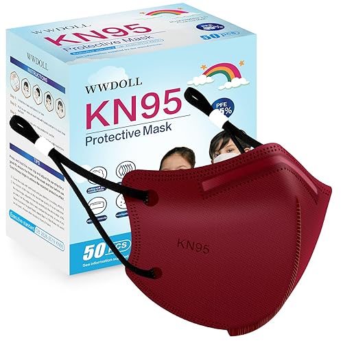 WWDOLL Mascarilla KN95 para niños, paquete de 50 unidades, mascarillas KN95 transpirables de 5 capas para niños, color rojo