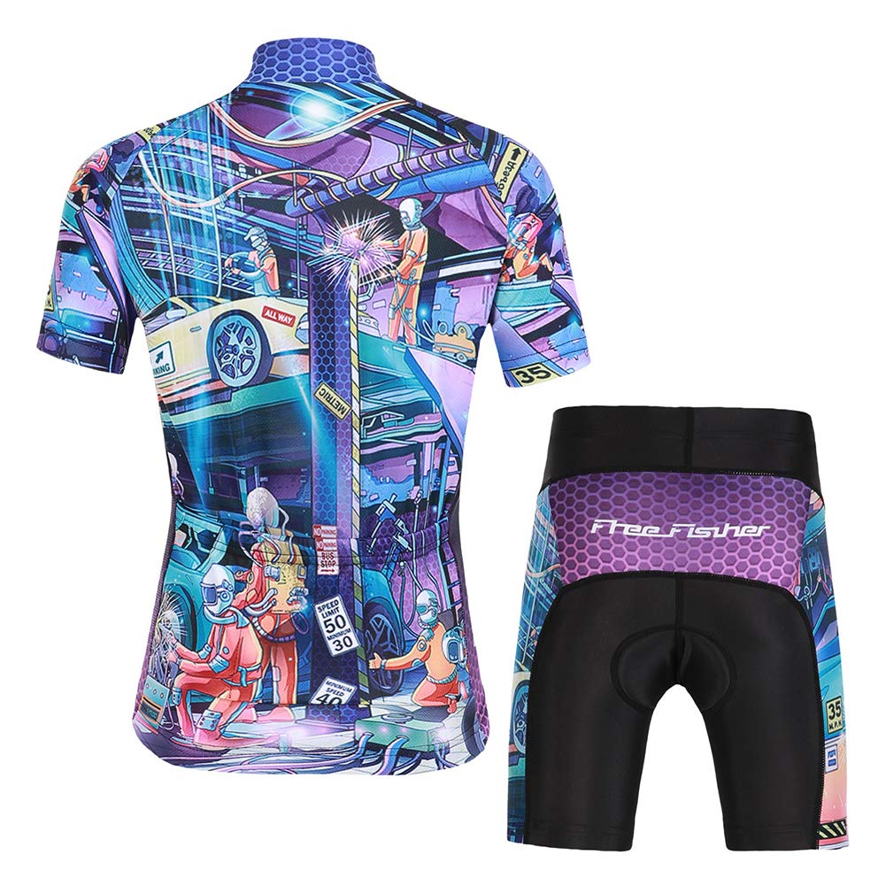 Kinder Jungen Radtrikot Set, Mädchen Radbekleidung Anzüge, Quick Dry Radsportanzug, Fahrradtrikot Kurzarm und 3D Sitzpolster Radhose, Rennwagen, 104/110(Herstellergröße: S)