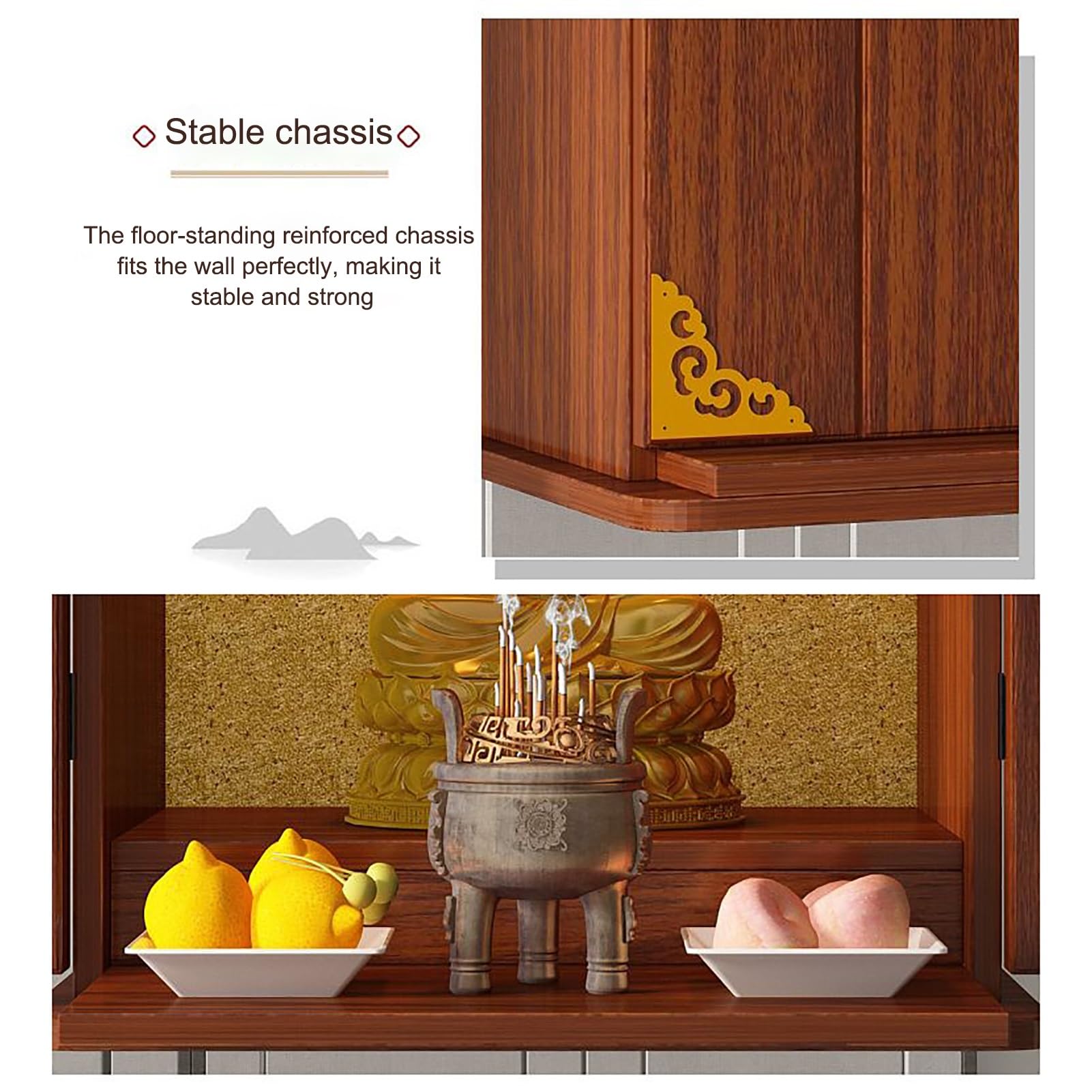 Persönlicher Altartisch, Wandmontierter Buddha-Statuenständer, Altartisch für Puja, Wahrsagerei, Anbetung, Präsentation von Gefäßen, Pflanzen und Büchern (Holz, 60 x 33 x 53 cm / 24 x 13 x 21 Zoll)