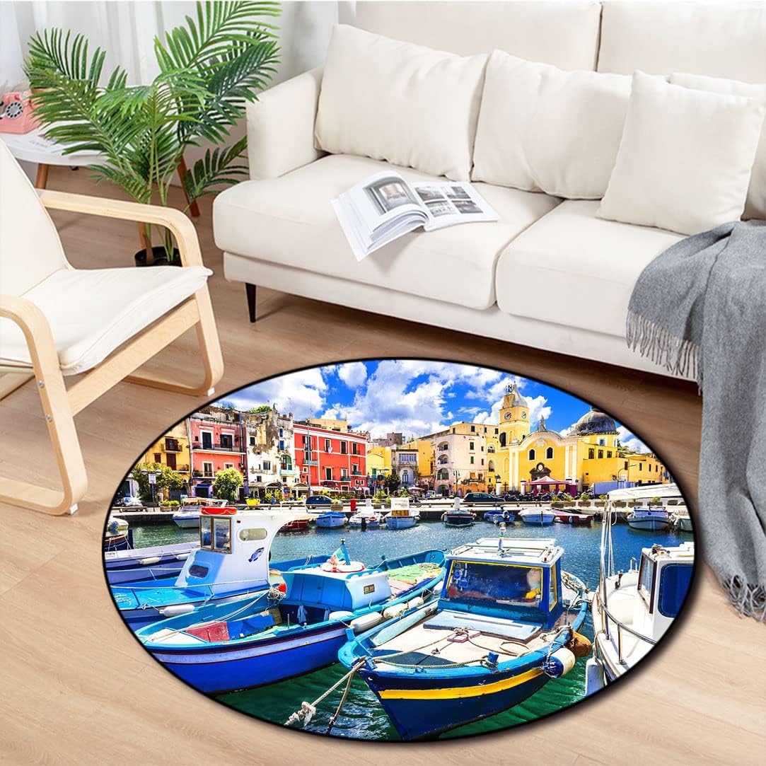 Italy,Circle Rug, Colorful Island with Boats Tourism Vacation Travel Theme, Carpet for Kids Room Diameter 28"