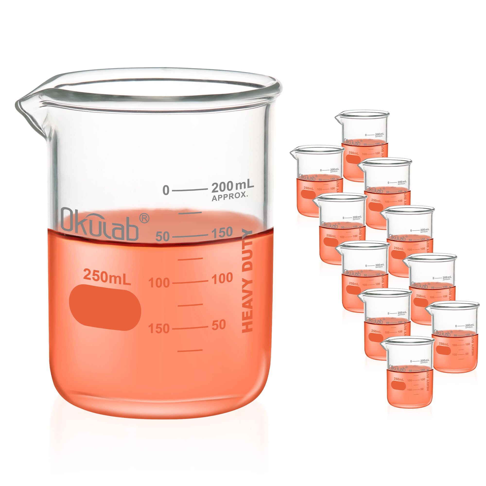 Juego de vasos de vidrio resistente, vasos de vidrio de borosilicato de pared gruesa 3.3, con graduación impresa a doble escala, 10 piezas de vol.250 ml, HBKG250B10