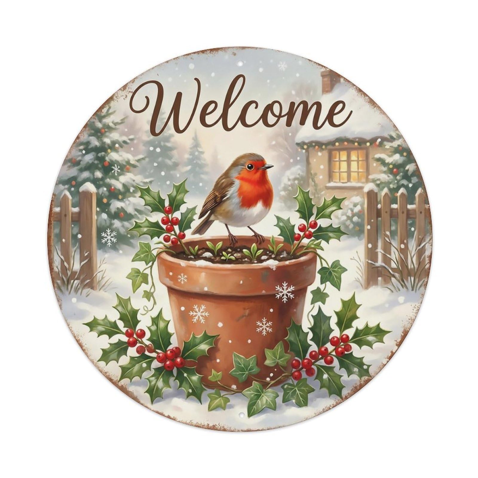 Welcome Robin Winter Berries Metal Tin Sign