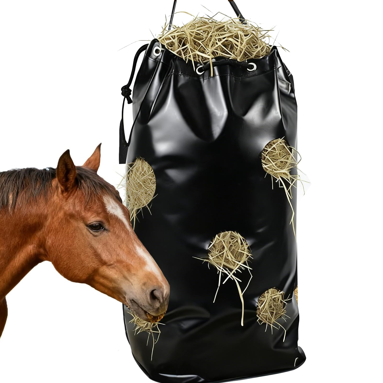 Haybag Heubeutel Heusack Heunetz, heunetz für Pferde,16 Löchern Ø8cm, Heutasche bis 90L, einfach befüllen